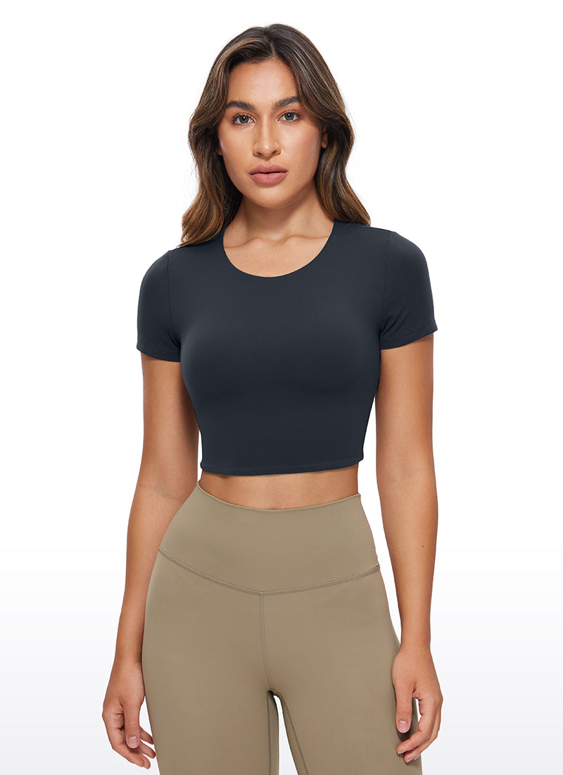 CRZ YOGA Women's Yoga Tight Fit Butterluxe Cropped Short Sleeves True Navy