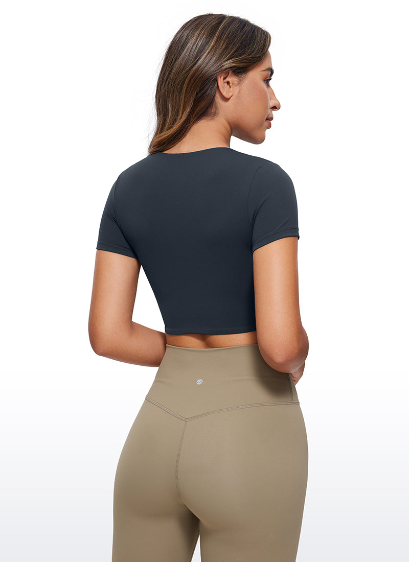 CRZ YOGA Women's Yoga Tight Fit Butterluxe Cropped Short Sleeves True Navy