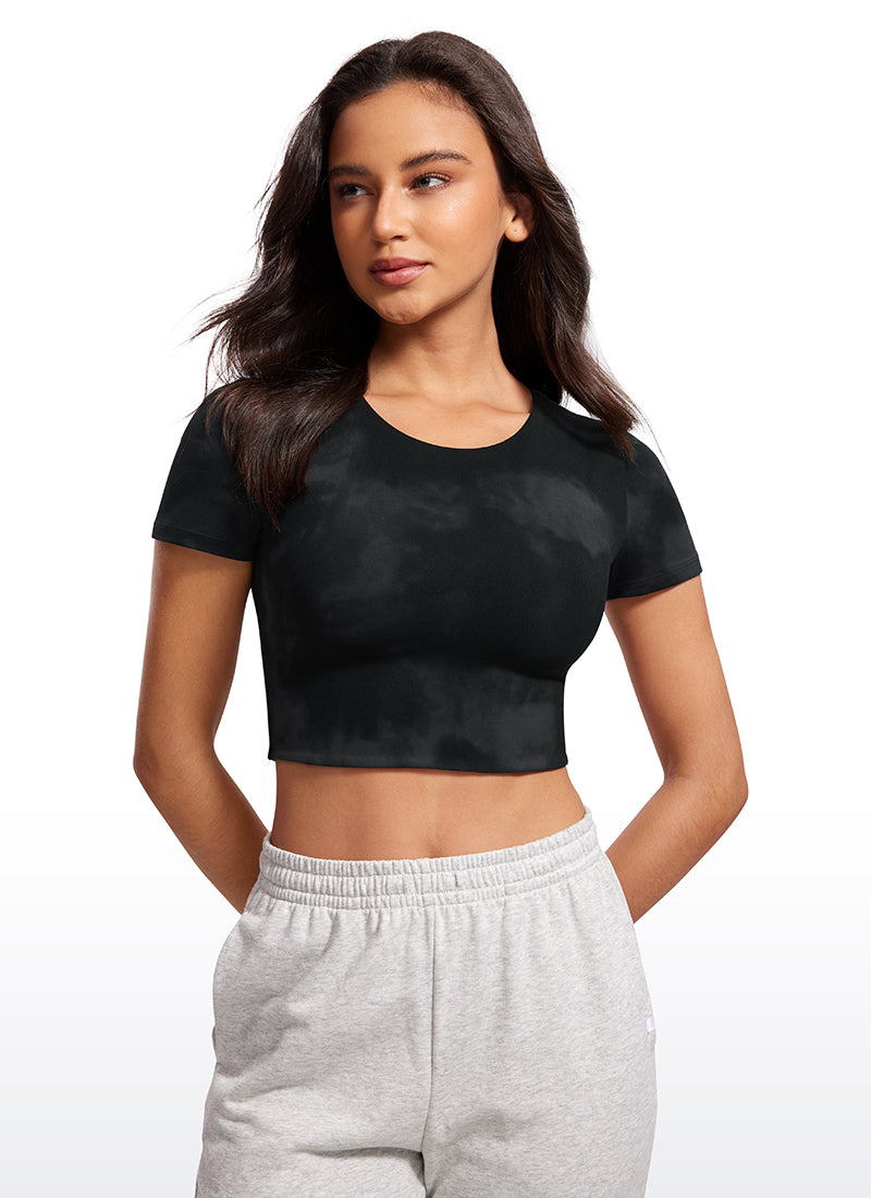 CRZ YOGA Women's Yoga Tight Fit Butterluxe Cropped Short Sleeves Black Tie Dye Flowers