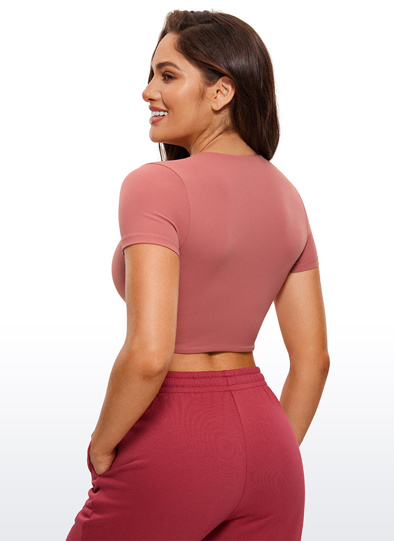 CRZ YOGA Women's Yoga Tight Fit Butterluxe Cropped Short Sleeves Pure Blue