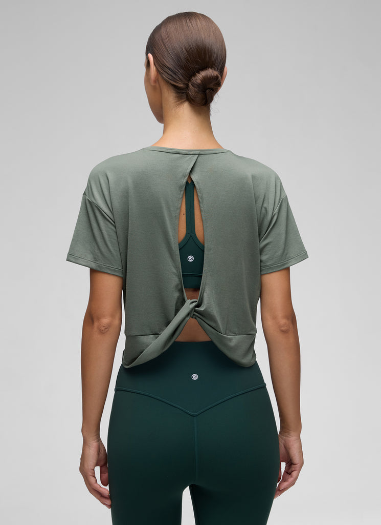 CRZ YOGA Women's Yoga Relaxed Fit Cropped Open Back Short Sleeves Grey Sage