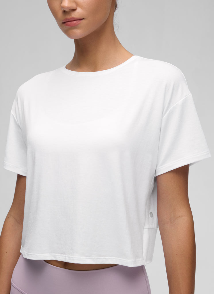CRZ YOGA Women's Yoga Relaxed Fit Cropped Open Back Short Sleeves White