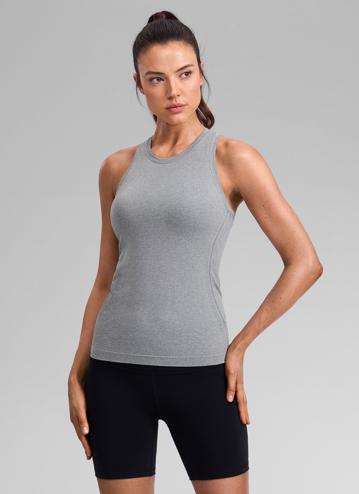 CRZ YOGA Women's Seamless Running Crewneck Racerback Hip Length Tank Slate Grey Marl