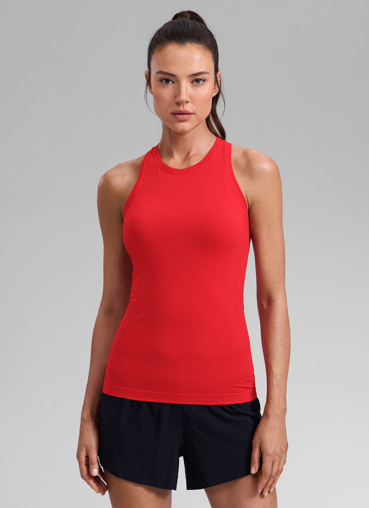 CRZ YOGA Women's Seamless Running Crewneck Racerback Hip Length Tank Deep Red