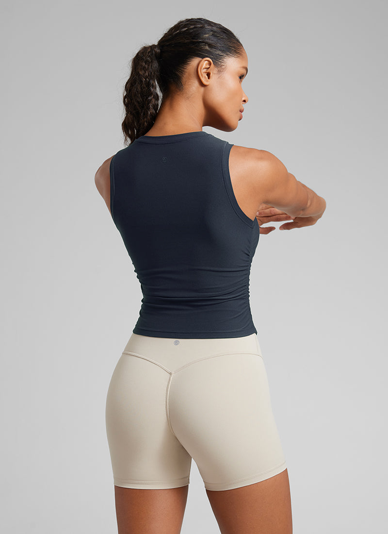 CRZ YOGA Women's Workout Tight Fit Ruched Athletic Tank High Neck True Navy