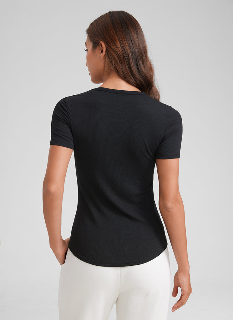CRZ YOGA Womens Fitted Casual Ribbed Modal Crew Neck Short Sleeves Black