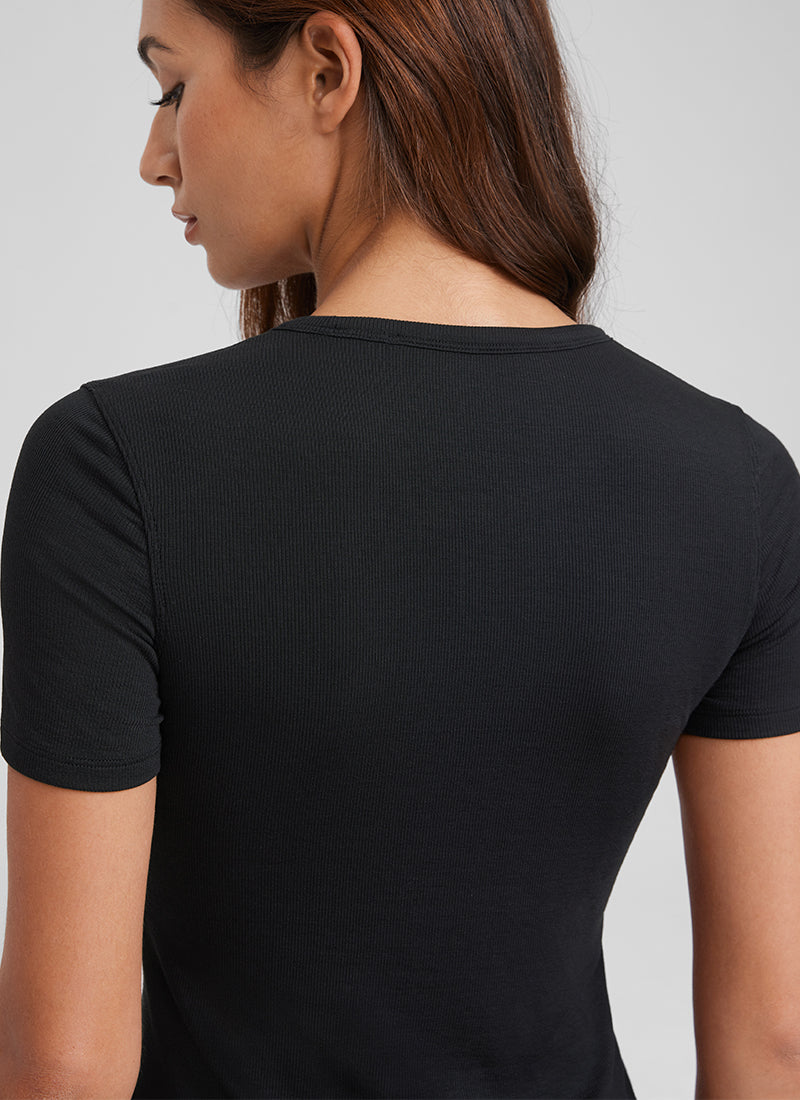 CRZ YOGA Womens Fitted Casual Ribbed Modal Crew Neck Short Sleeves Black