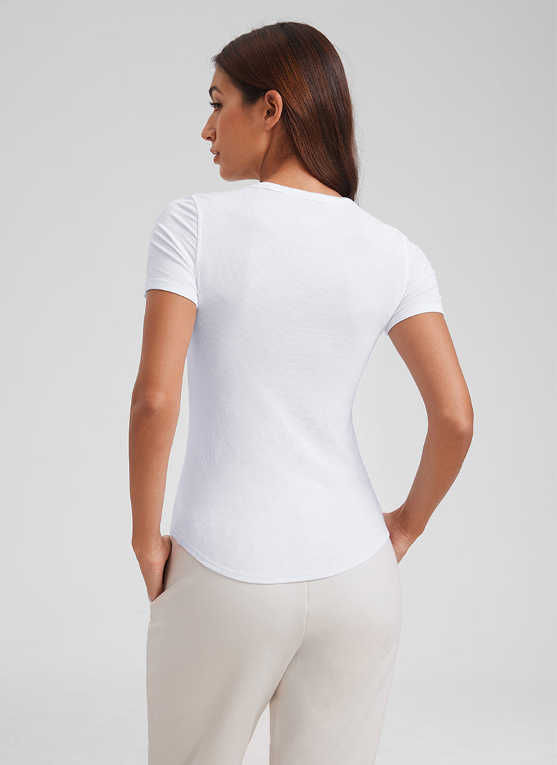 CRZ YOGA Womens Fitted Casual Ribbed Modal Crew Neck Short Sleeves White