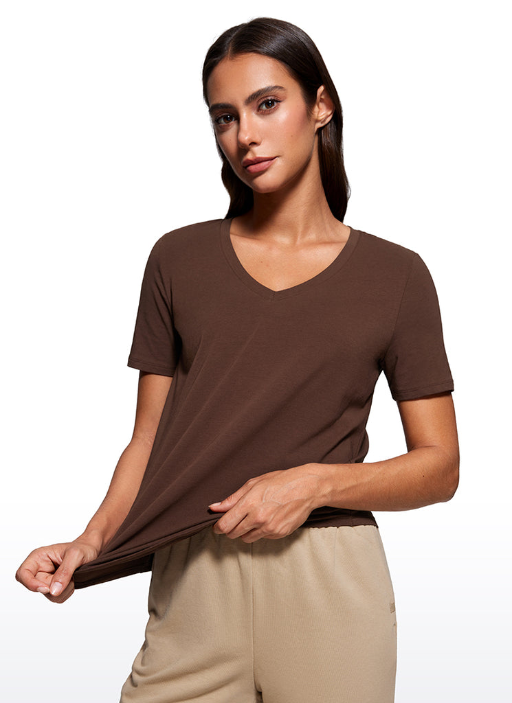 CRZ YOGA Women's Yoga Relaxed Fit Pima Cotton Short Sleeves V Neck True Navy