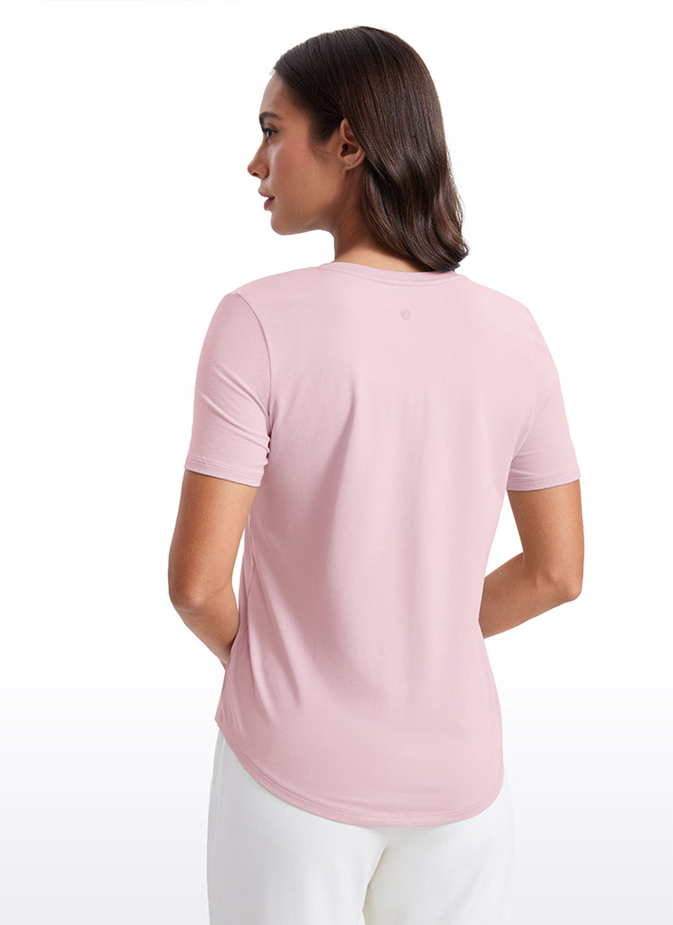 CRZ YOGA Women's Yoga Relaxed Fit Pima Cotton Short Sleeves V Neck Blue Linen