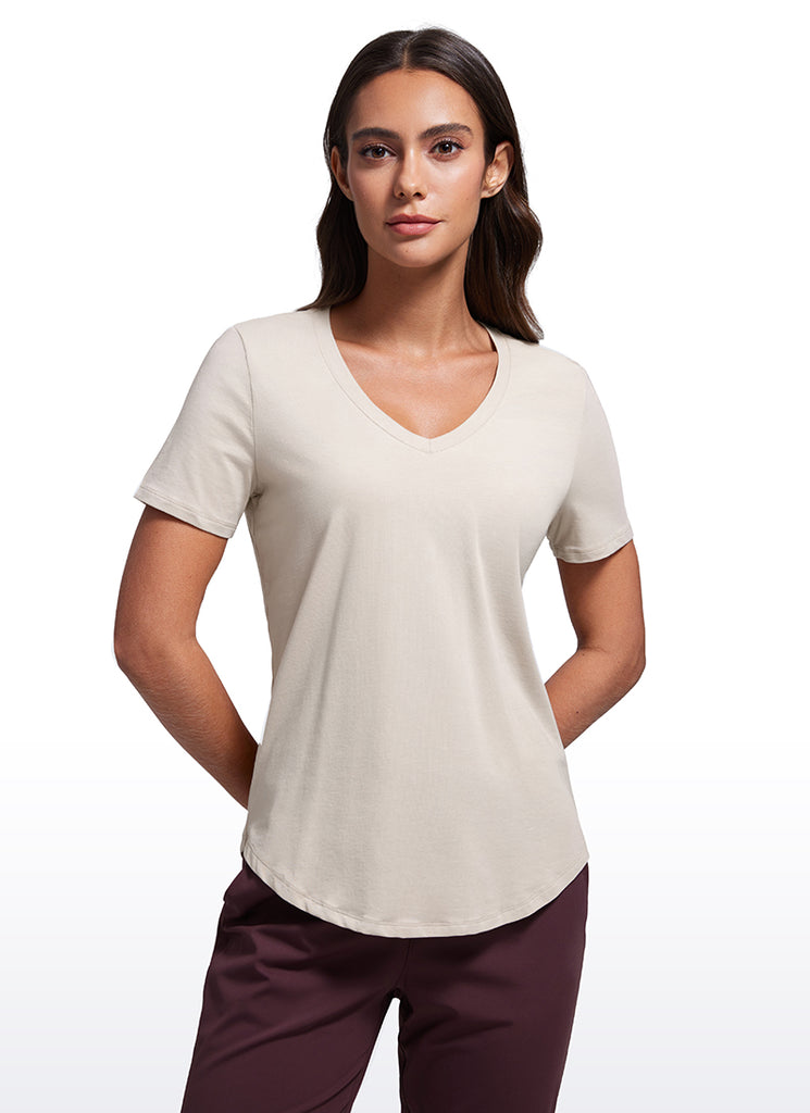 CRZ YOGA Women's Yoga Relaxed Fit Pima Cotton Short Sleeves V Neck Mojave Tan