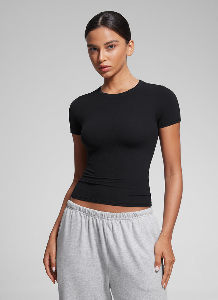 CRZ YOGA Women Going Out Tops Soft High Crew Neck Casual Tight Shirts Black