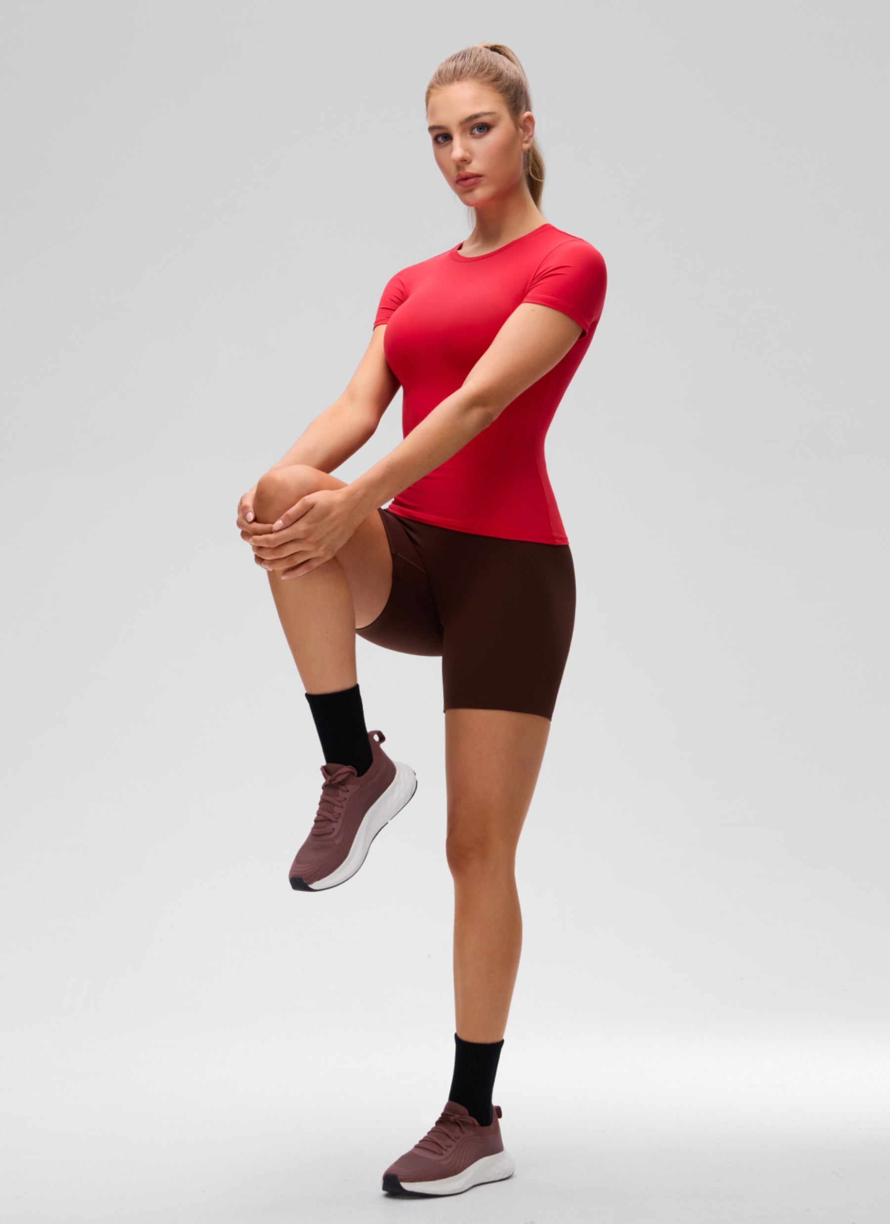 CRZ YOGA Women Going Out Tops Soft High Crew Neck Casual Tight Shirts Aurora Red
