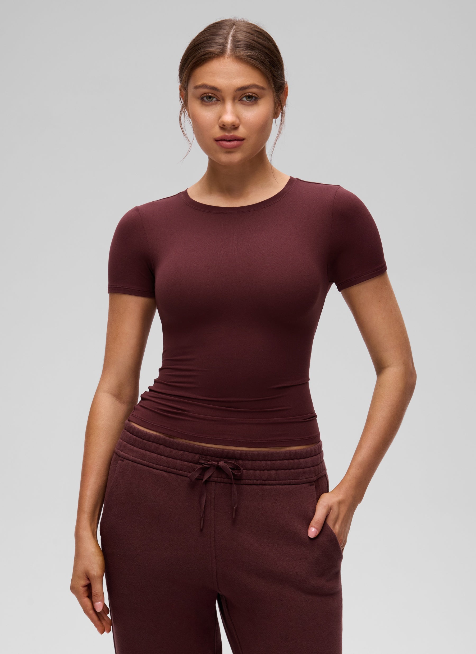 CRZ YOGA Women Going Out Tops Soft High Crew Neck Casual Tight Shirts Red Merlot