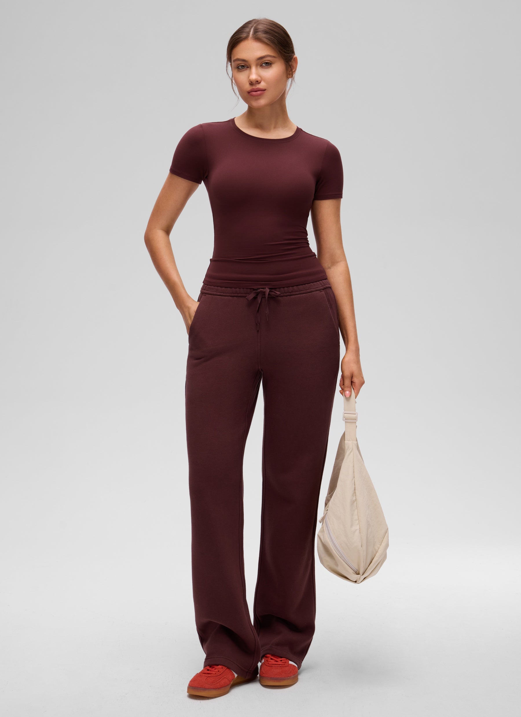 CRZ YOGA Women Going Out Tops Soft High Crew Neck Casual Tight Shirts Red Merlot
