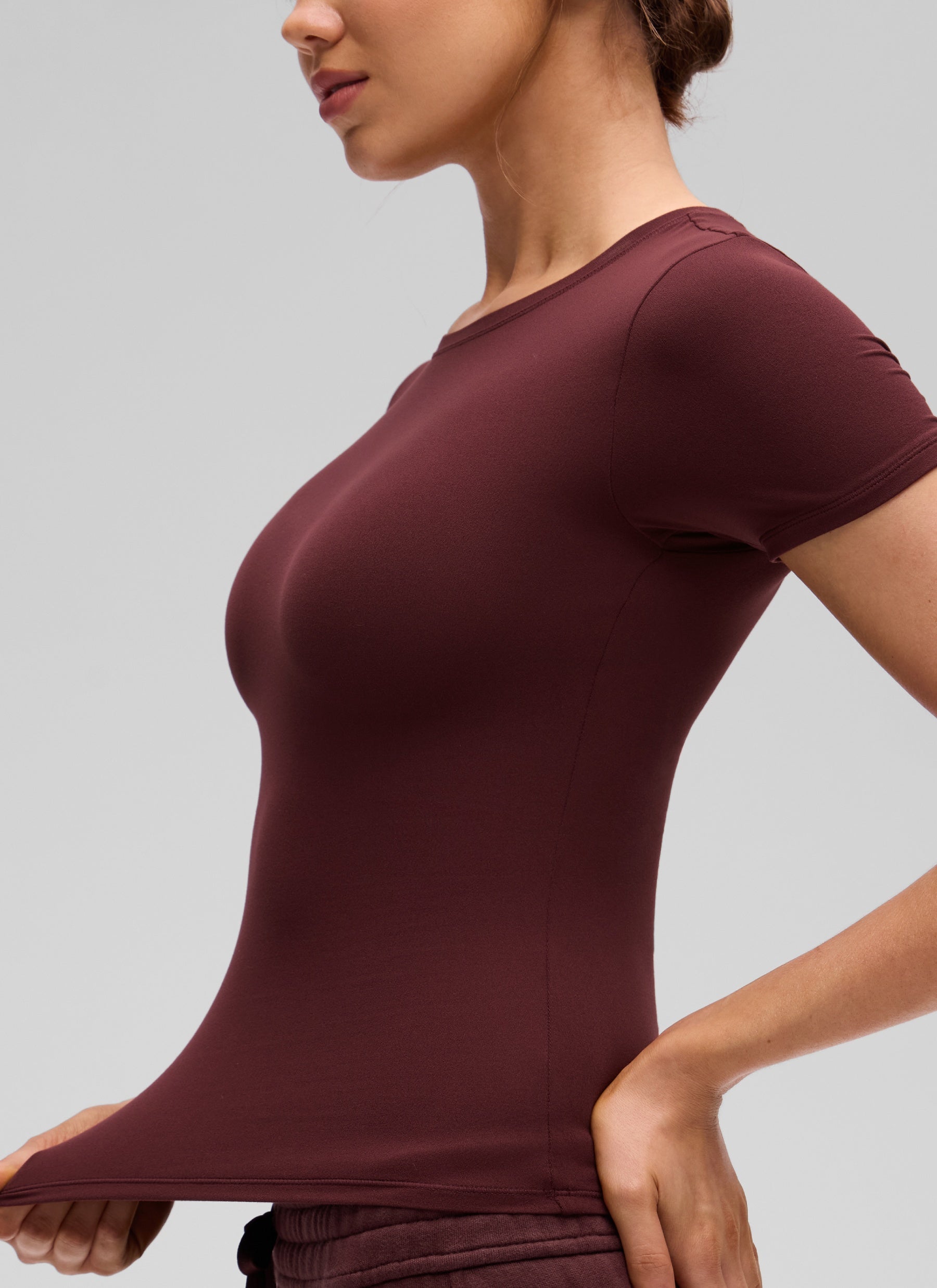 CRZ YOGA Women Going Out Tops Soft High Crew Neck Casual Tight Shirts Red Merlot