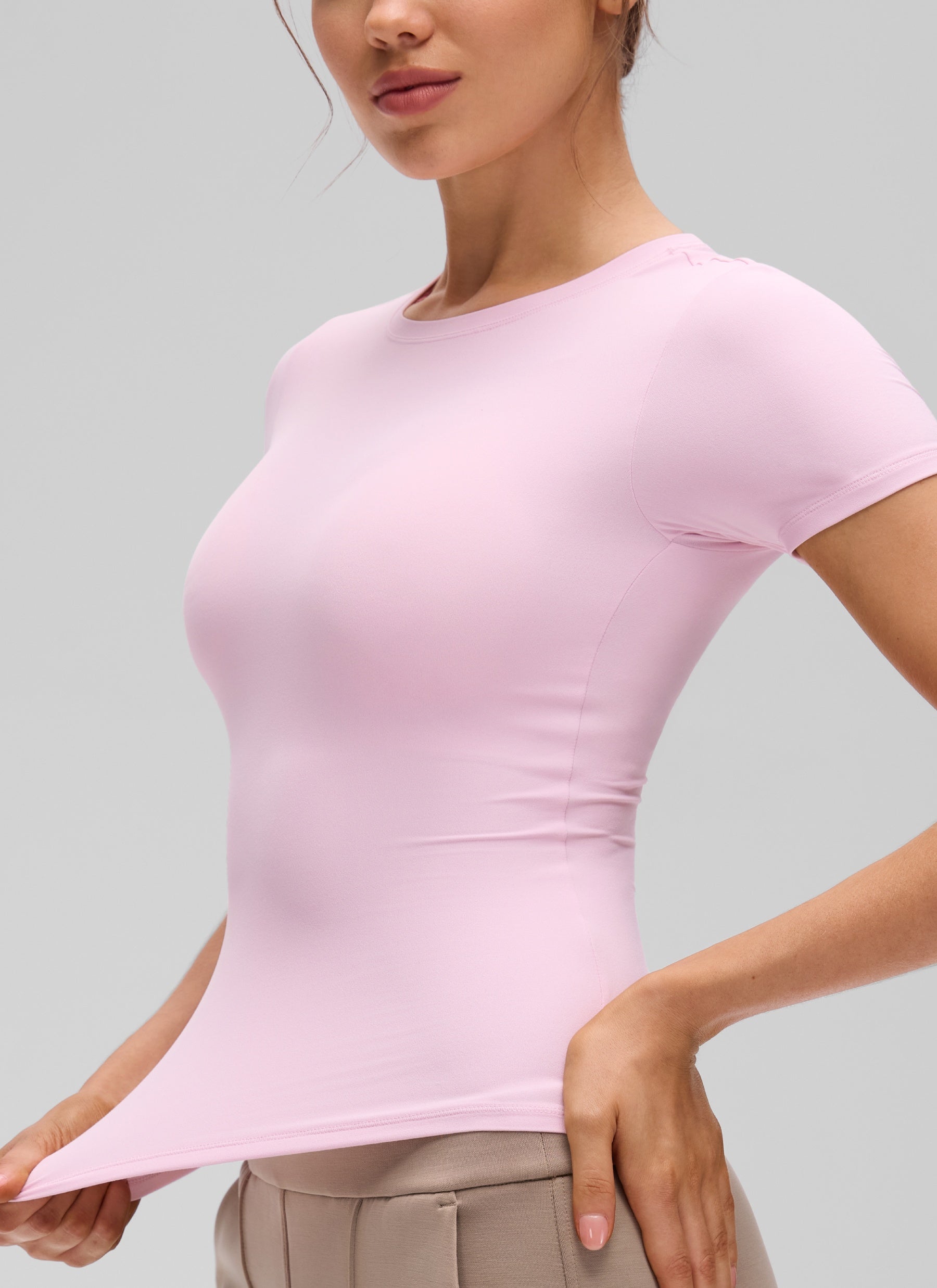 CRZ YOGA Women Going Out Tops Soft High Crew Neck Casual Tight Shirts Pink Peony