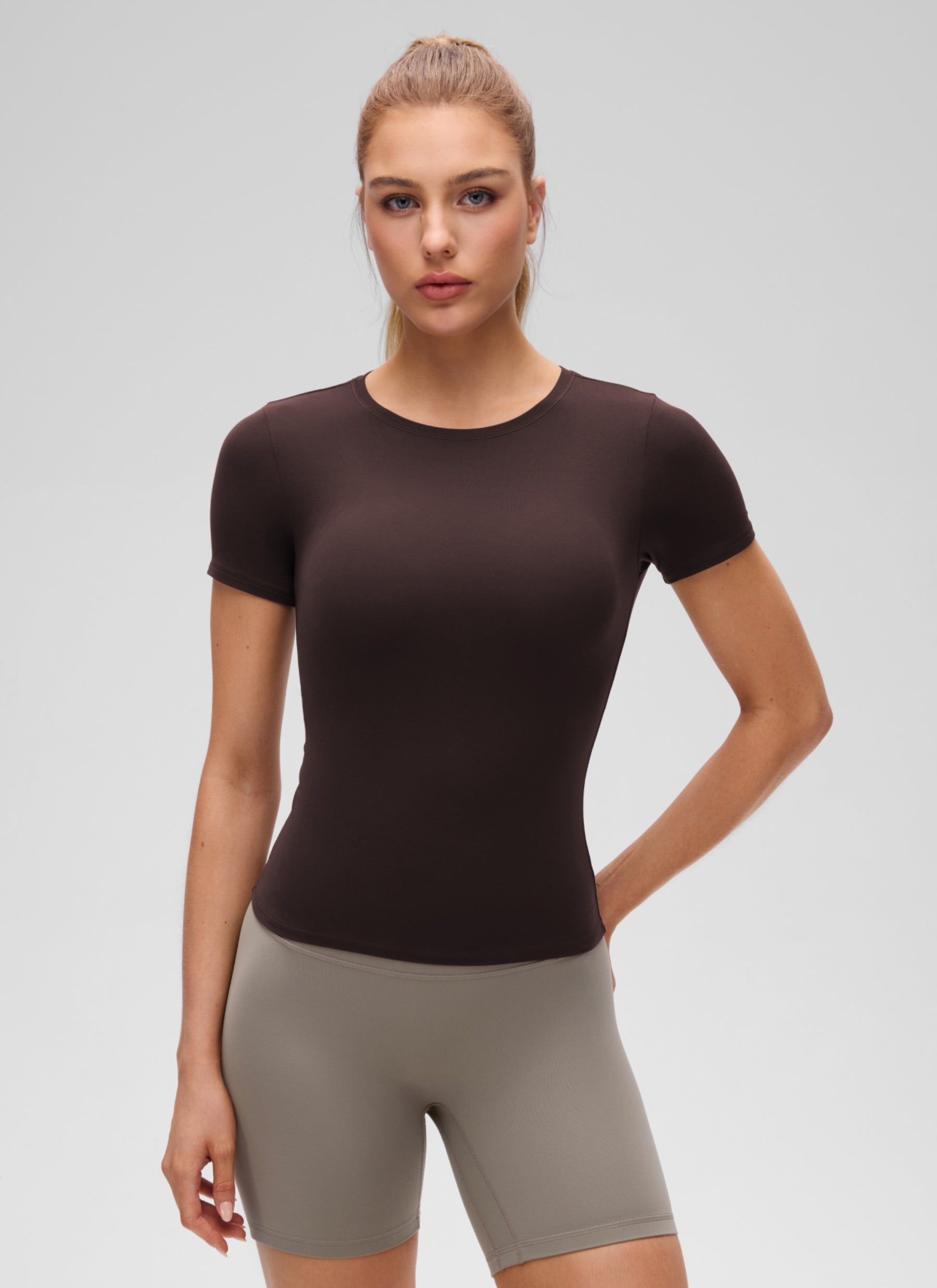 CRZ YOGA Women Going Out Tops Soft High Crew Neck Casual Tight Shirts Hot Fudge Brown