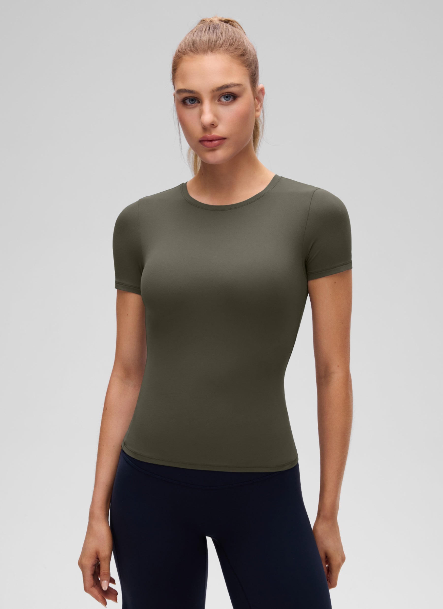 CRZ YOGA Women Going Out Tops Soft High Crew Neck Casual Tight Shirts Light Army Green