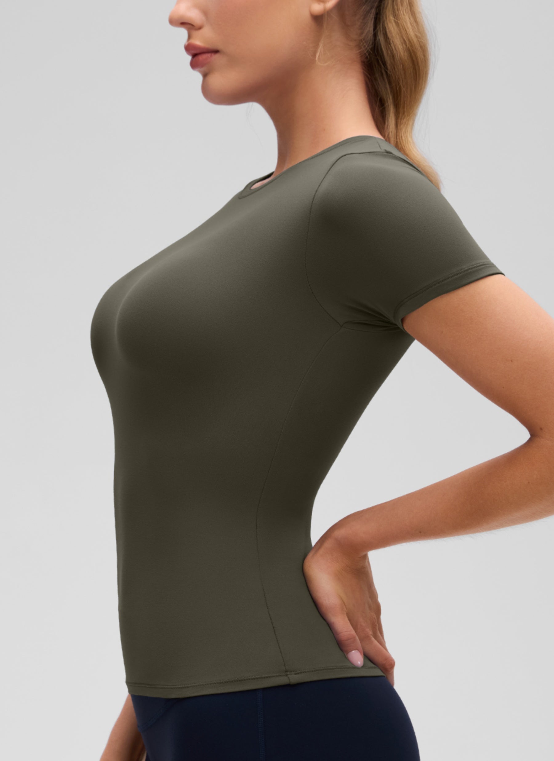 CRZ YOGA Women Going Out Tops Soft High Crew Neck Casual Tight Shirts Light Army Green
