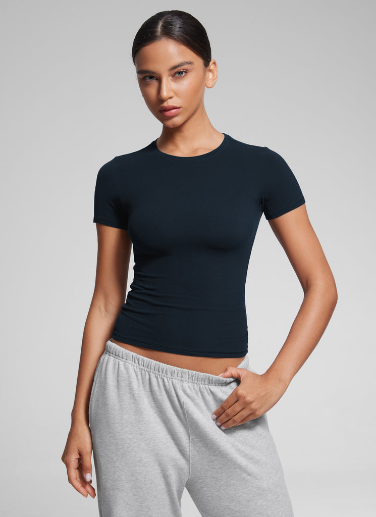 CRZ YOGA Women Going Out Tops Soft High Crew Neck Casual Tight Shirts Black