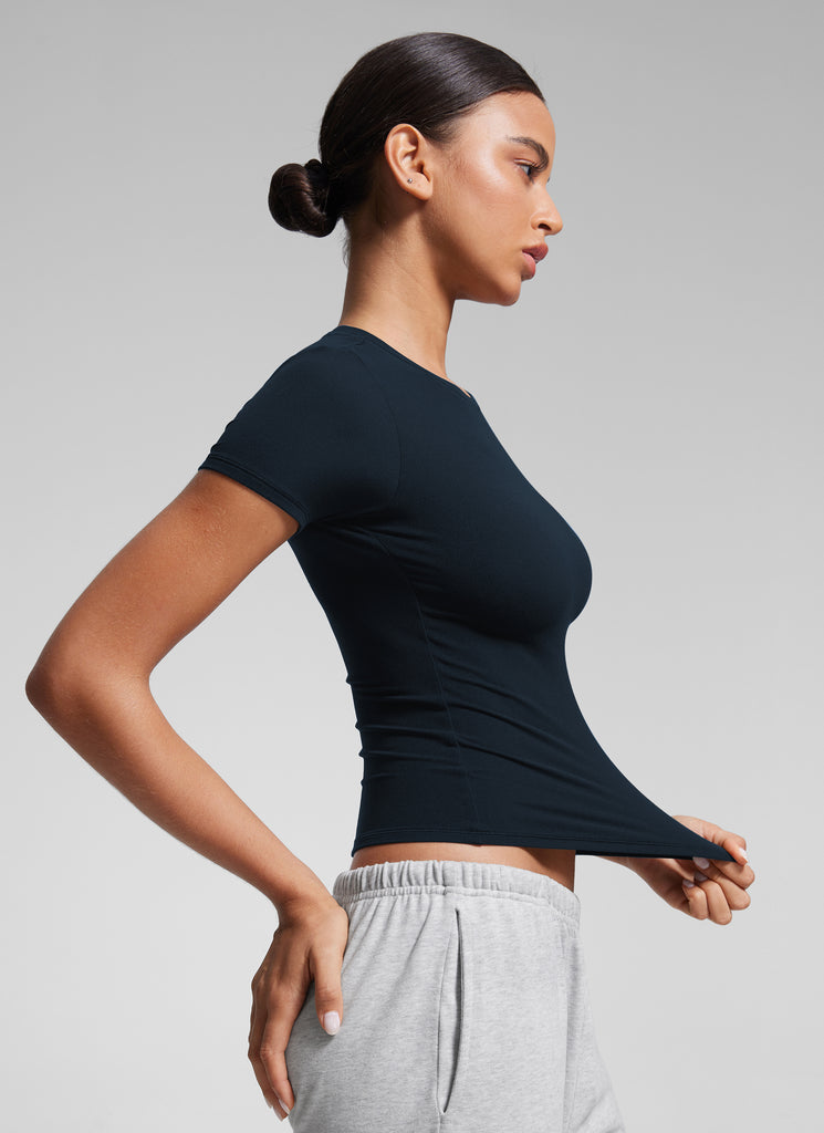 CRZ YOGA Women Going Out Tops Soft High Crew Neck Casual Tight Shirts True Navy