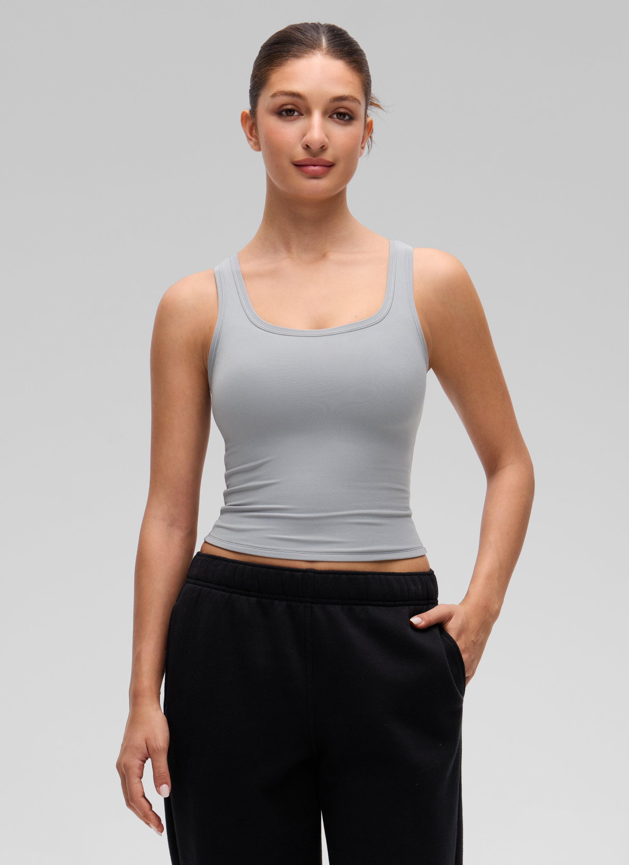 CRZ YOGA Women Softembrace Soft Double Lined Scoop Neck Tanks Casual Tops Rhino Grey
