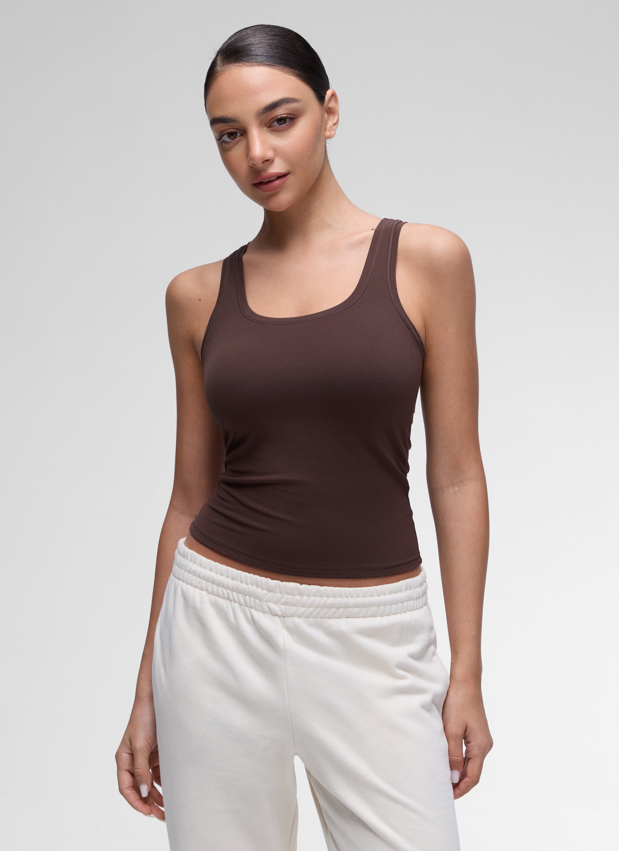 CRZ YOGA Women Softembrace Soft Double Lined Scoop Neck Tanks Casual Tops Hot Fudge Brown