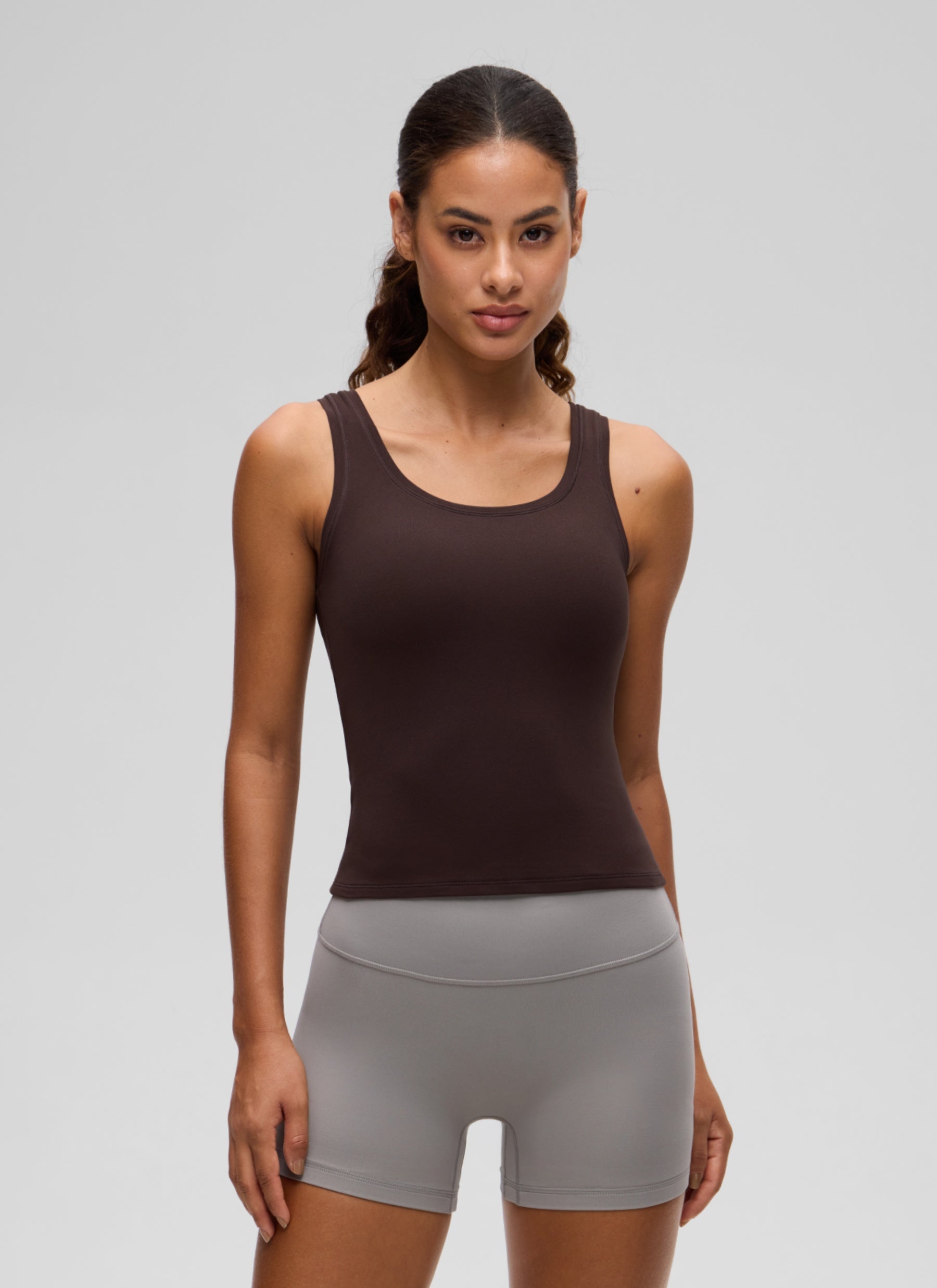 CRZ YOGA Women Softembrace Soft Double Lined Scoop Neck Tanks Casual Tops Hot Fudge Brown