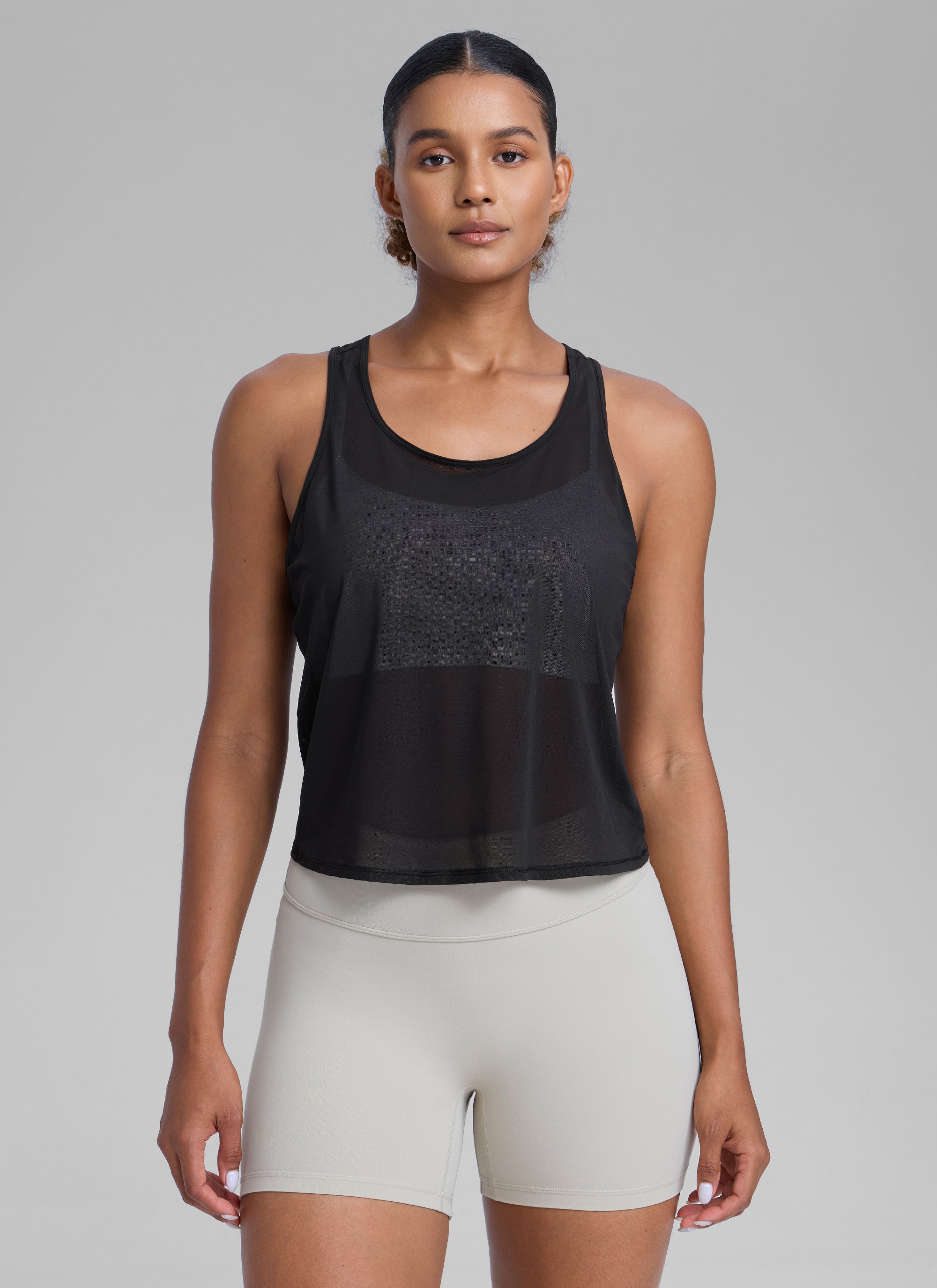 CRZ YOGA Women's Yoga Mesh Relaxed Fit Tops U Neck Tank Black