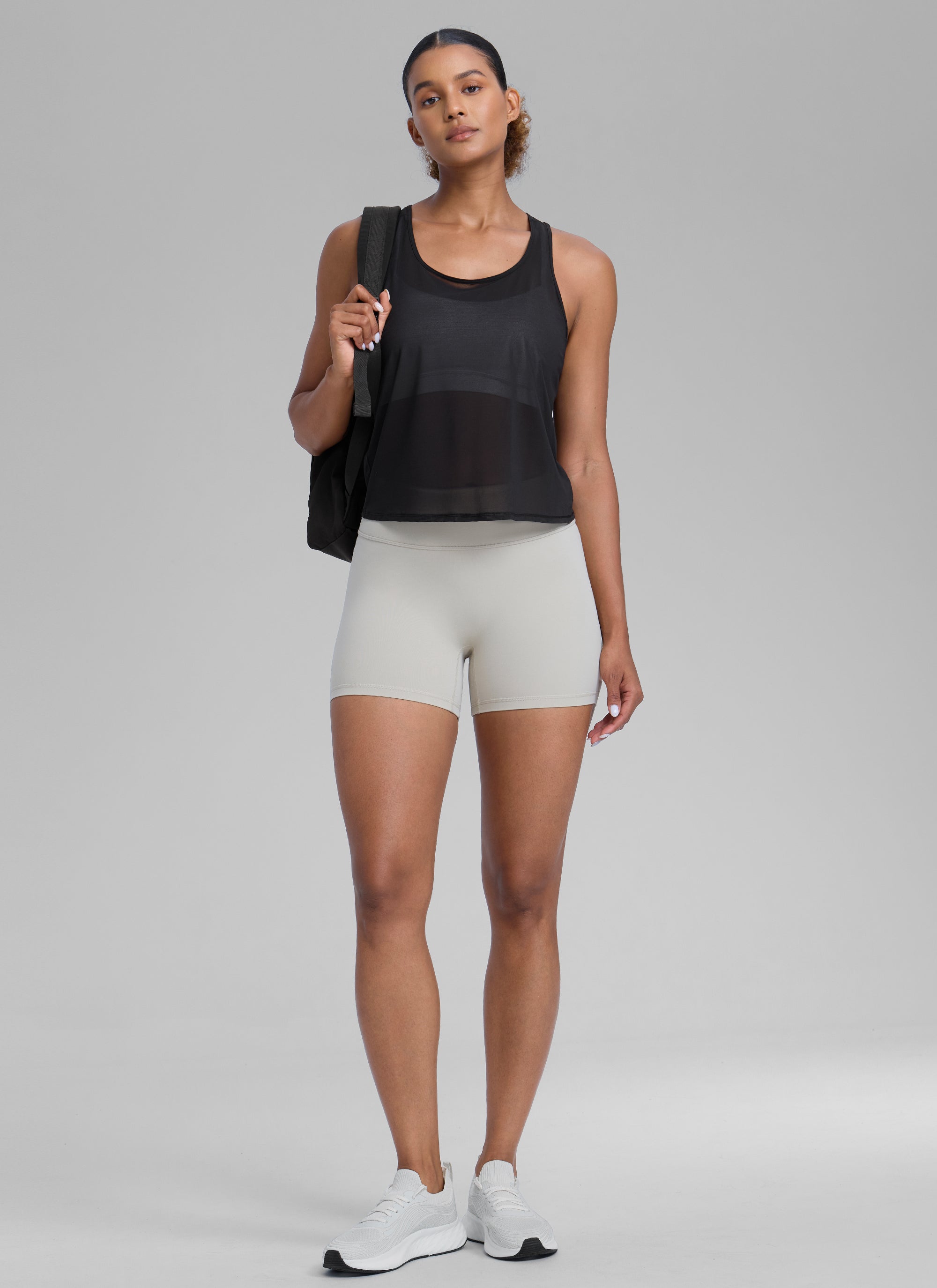CRZ YOGA Women's Yoga Mesh Relaxed Fit Tops U Neck Tank Black