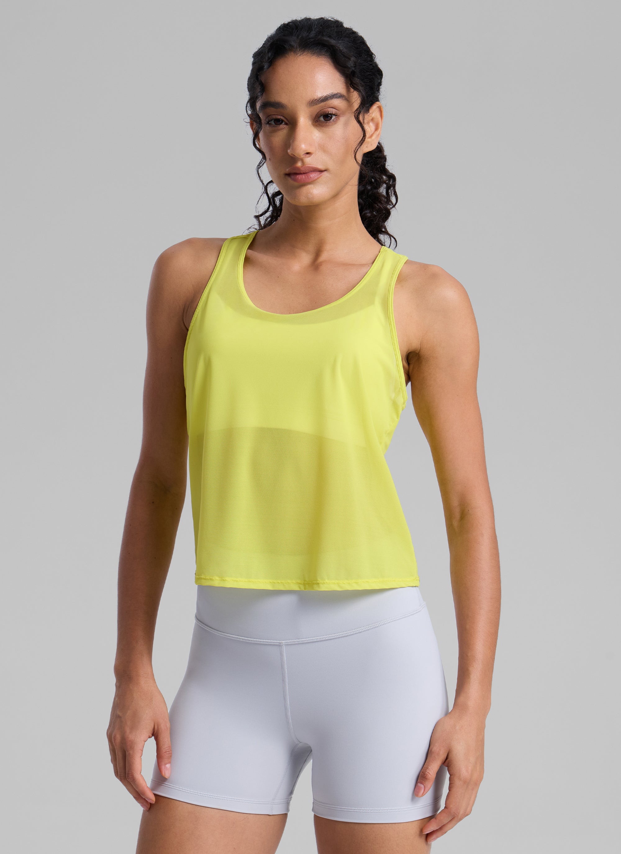 CRZ YOGA Women's Yoga Mesh Relaxed Fit Tops U Neck Tank Luminous Yellow