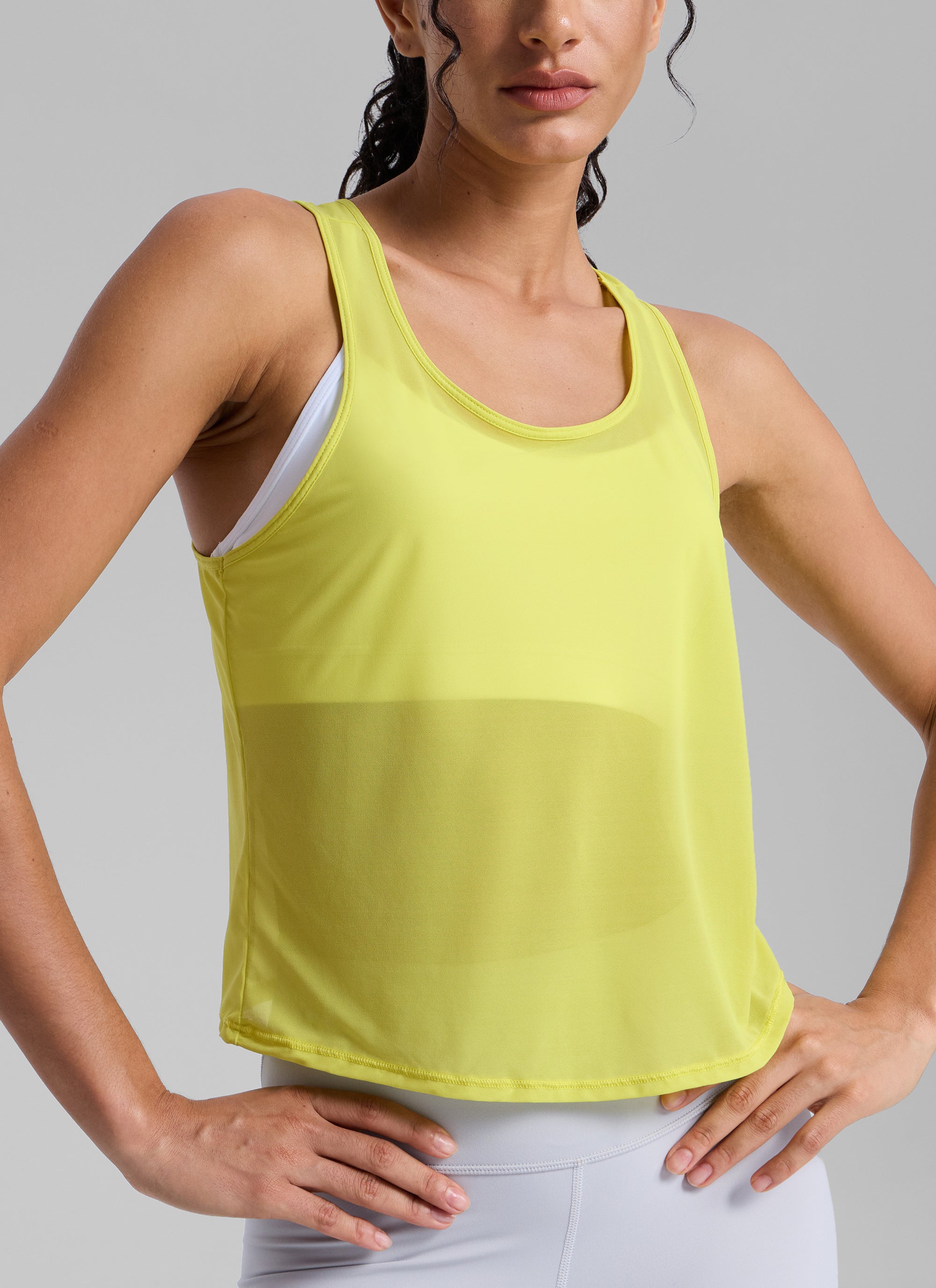 CRZ YOGA Women's Yoga Mesh Relaxed Fit Tops U Neck Tank Luminous Yellow