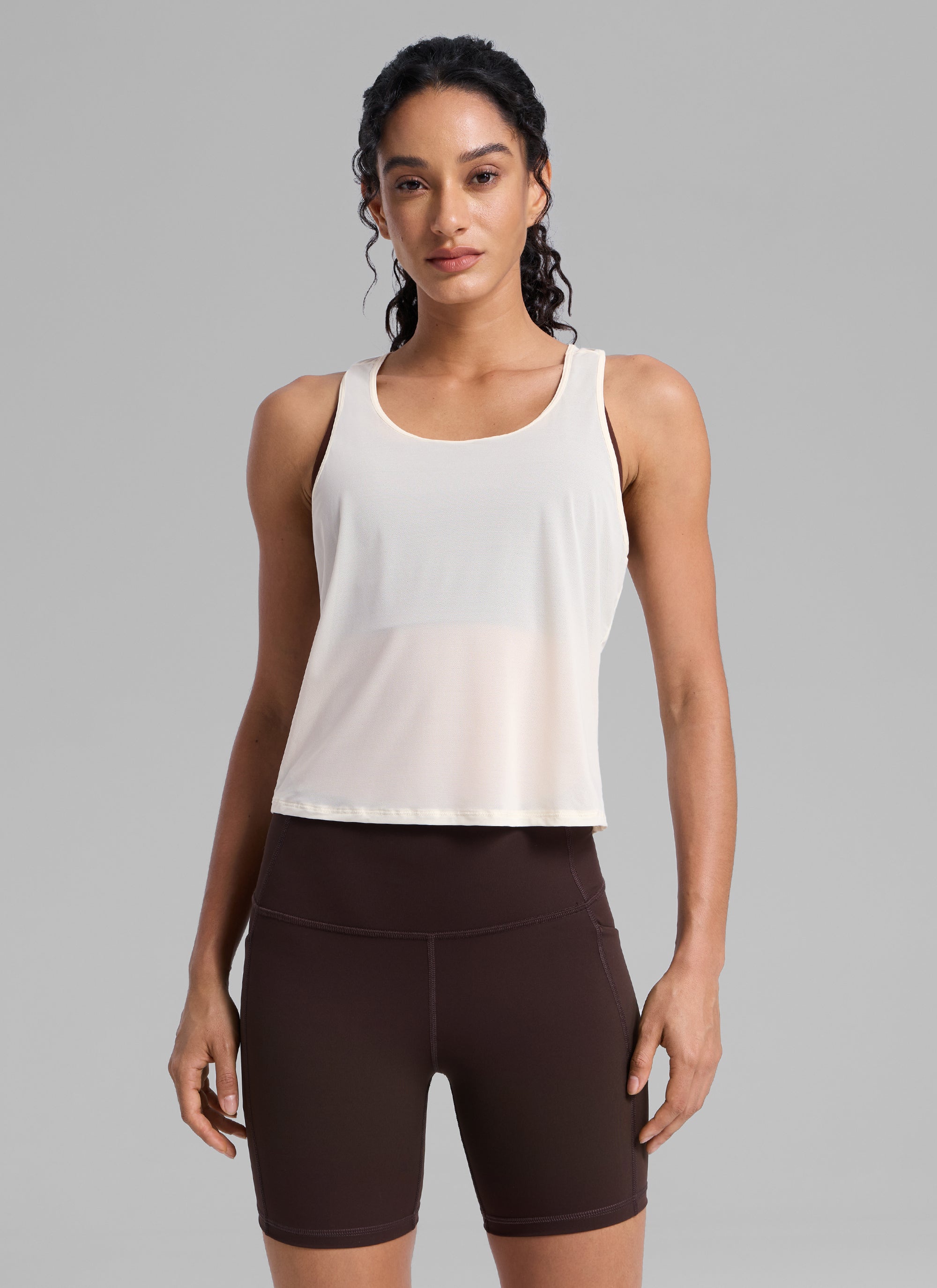 CRZ YOGA Women's Yoga Mesh Relaxed Fit Tops U Neck Tank White Apricot
