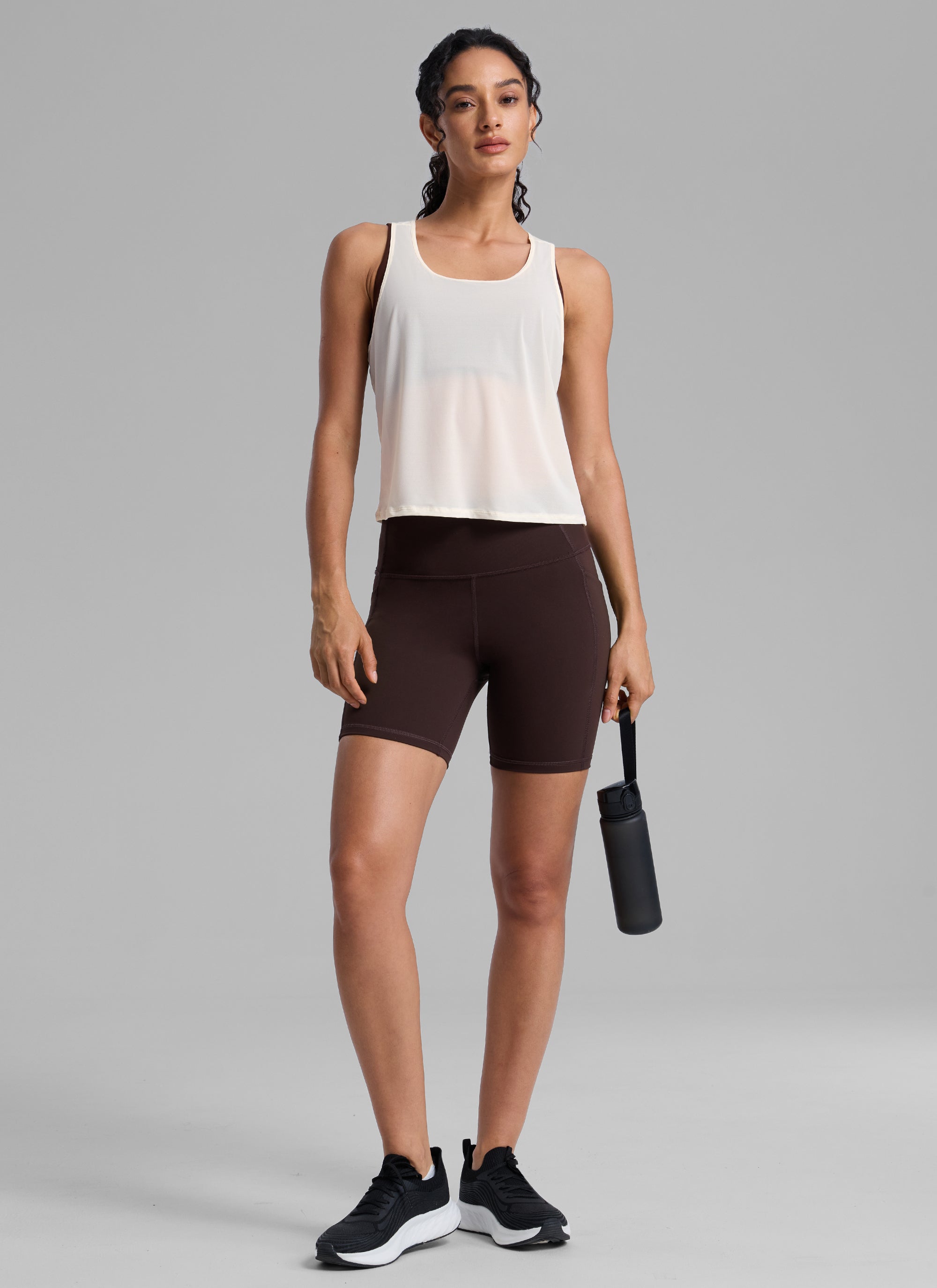 CRZ YOGA Women's Yoga Mesh Relaxed Fit Tops U Neck Tank White Apricot