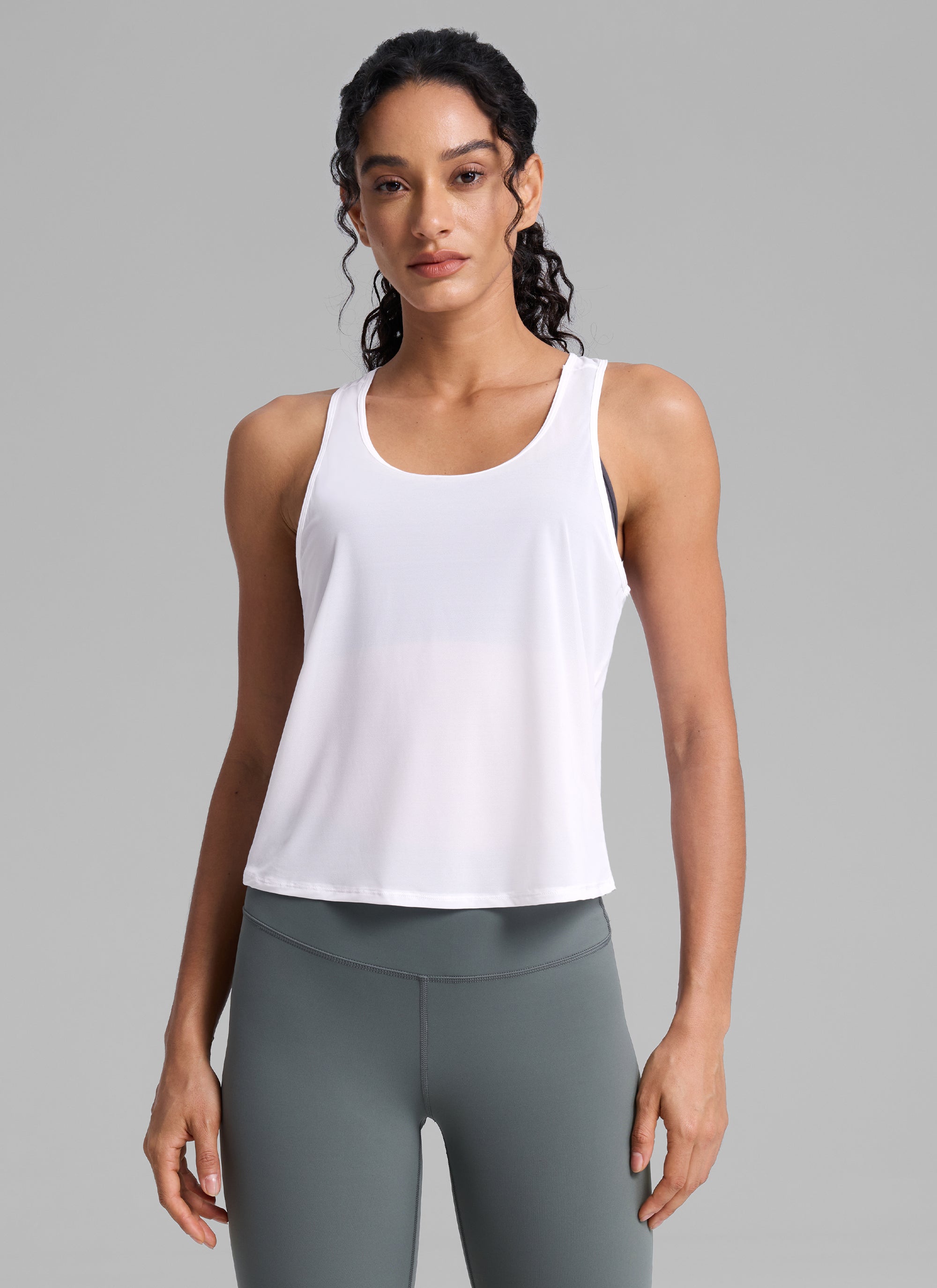 CRZ YOGA Women's Yoga Mesh Relaxed Fit Tops U Neck Tank White