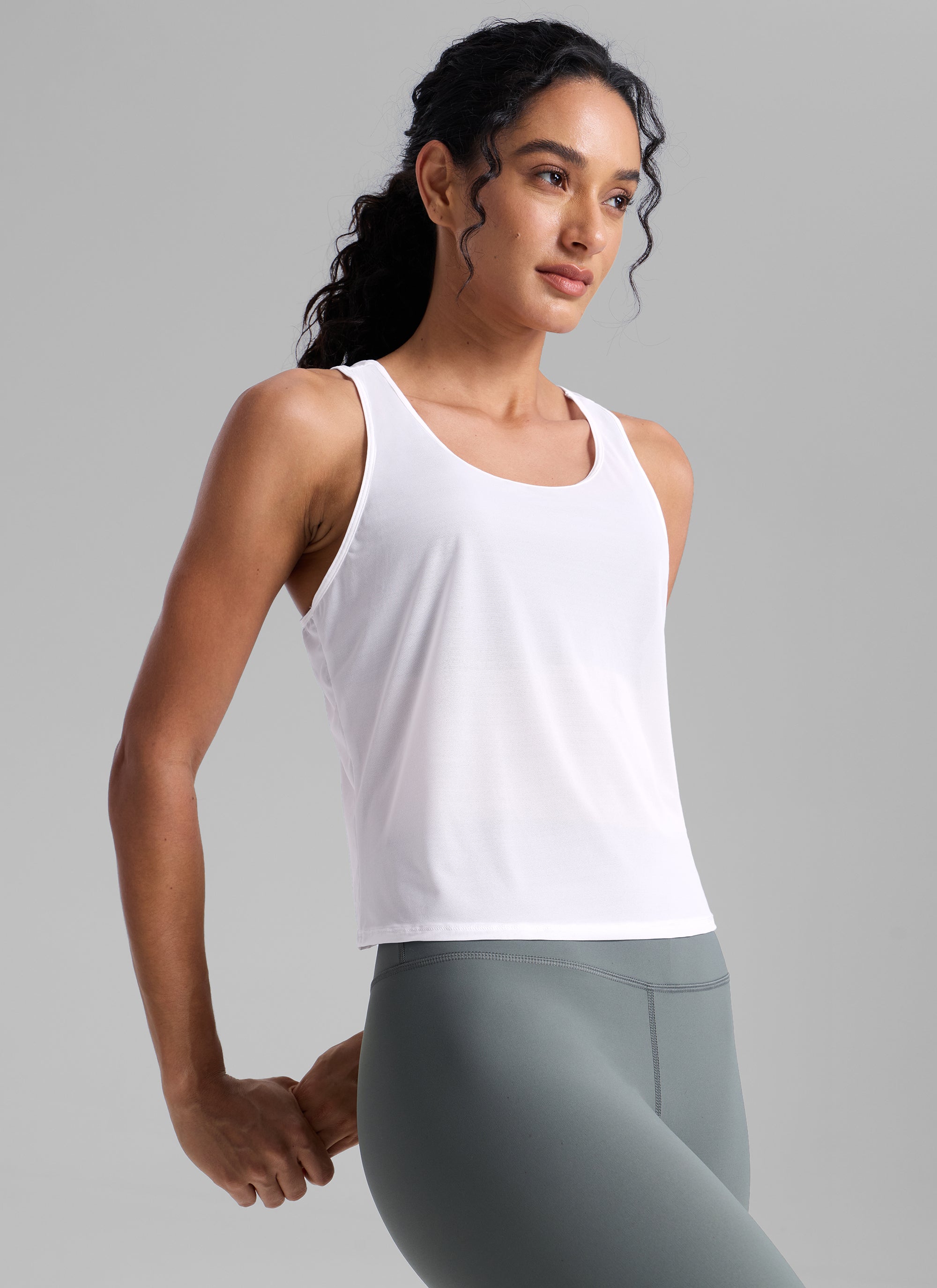 CRZ YOGA Women's Yoga Mesh Relaxed Fit Tops U Neck Tank White