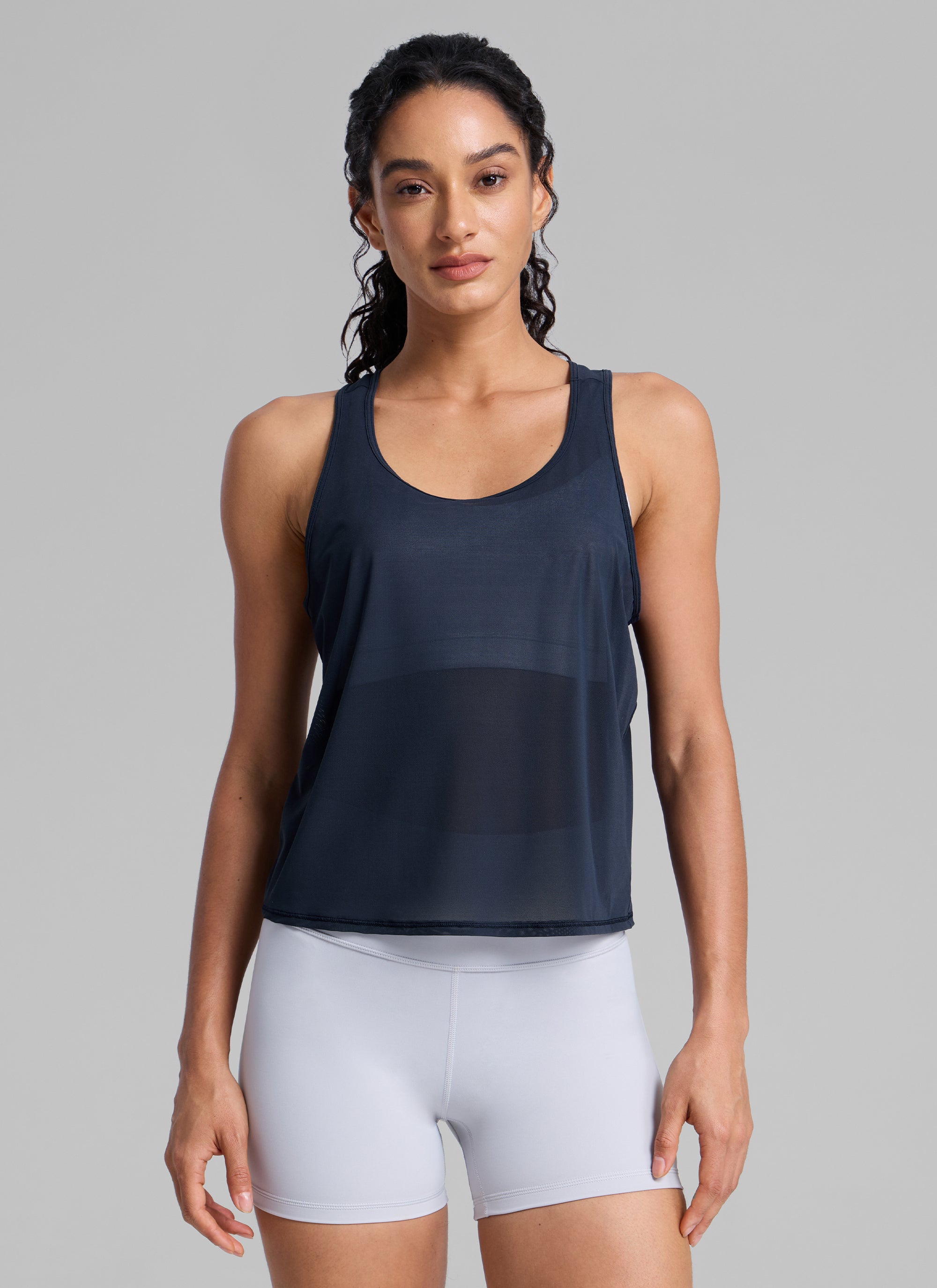 CRZ YOGA Women's Yoga Mesh Relaxed Fit Tops U Neck Tank Twilight Blue