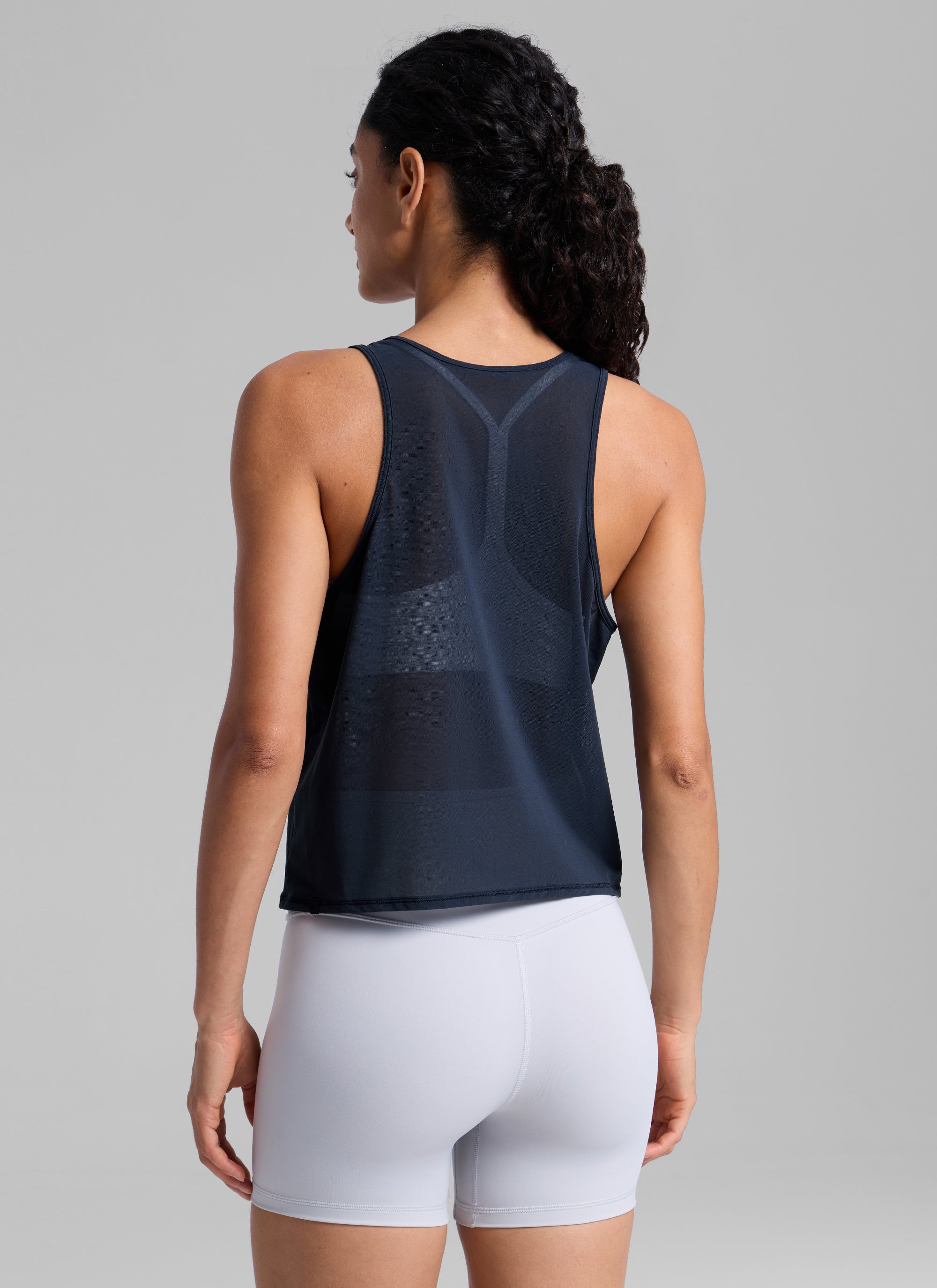 CRZ YOGA Women's Yoga Mesh Relaxed Fit Tops U Neck Tank Twilight Blue