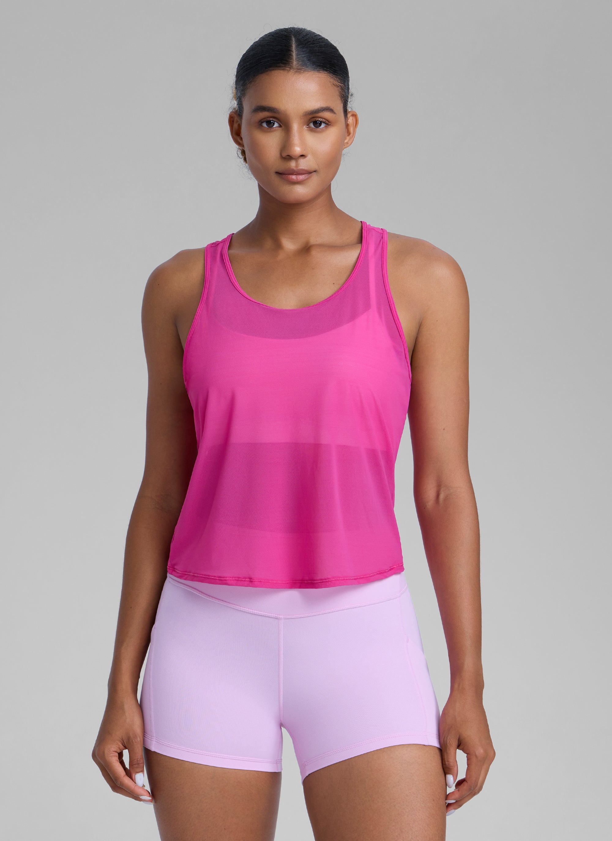 CRZ YOGA Women's Yoga Mesh Relaxed Fit Tops U Neck Tank Hibiscus Purple