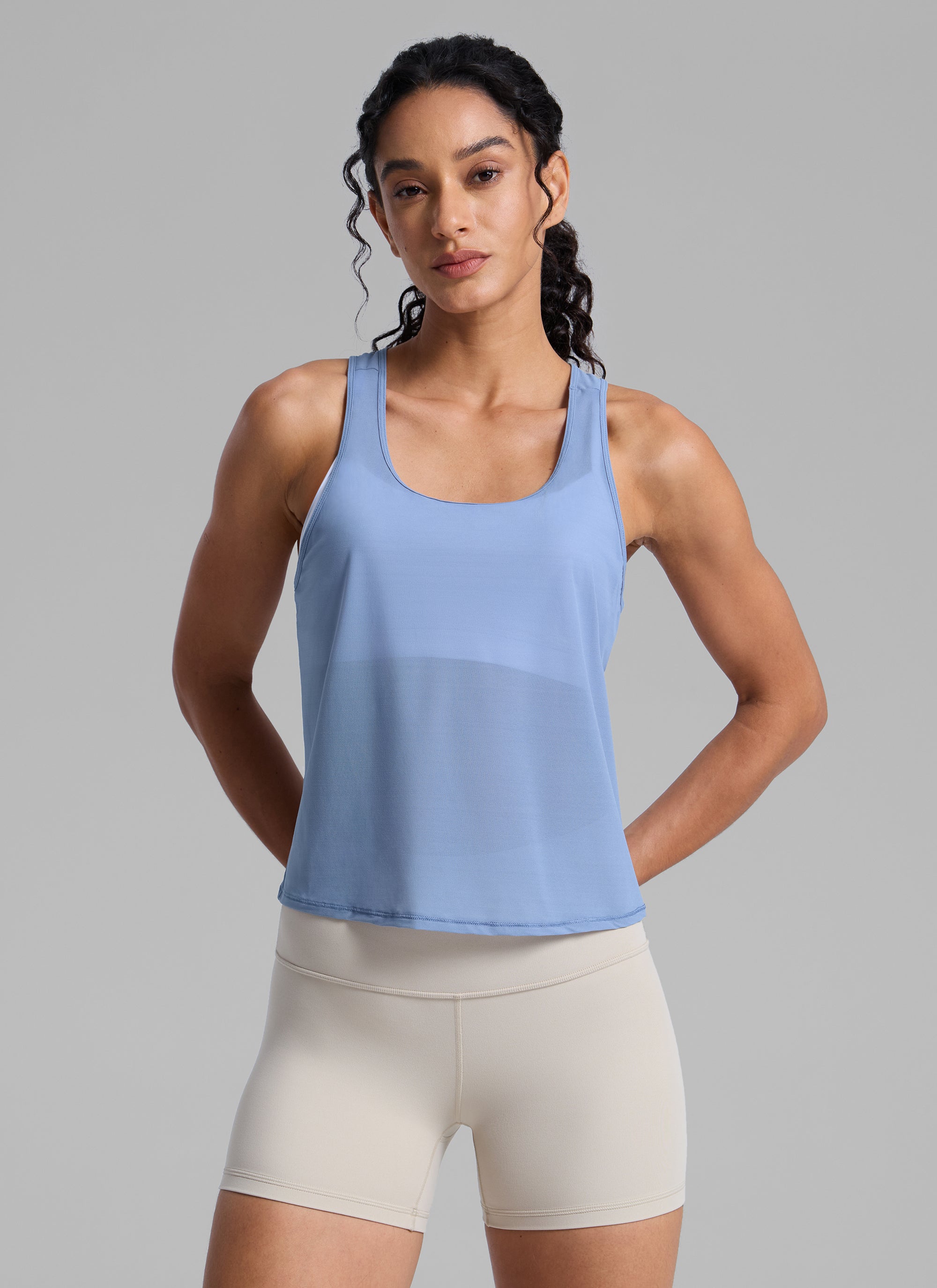 CRZ YOGA Women's Yoga Mesh Relaxed Fit Tops U Neck Tank Slate Blue
