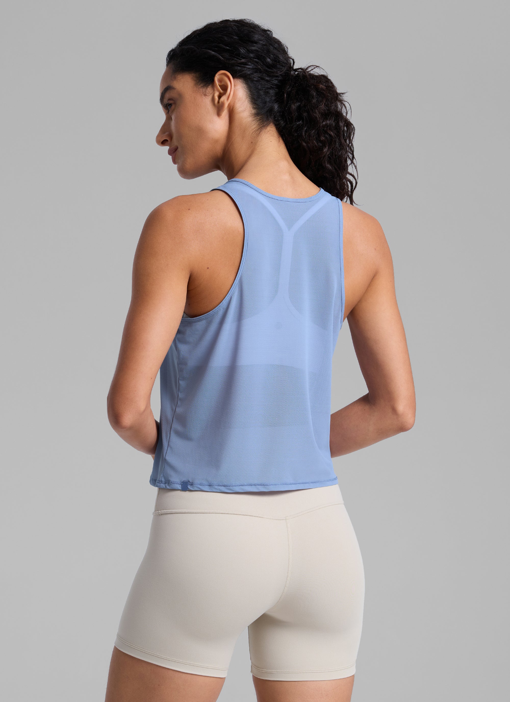 CRZ YOGA Women's Yoga Mesh Relaxed Fit Tops U Neck Tank Slate Blue