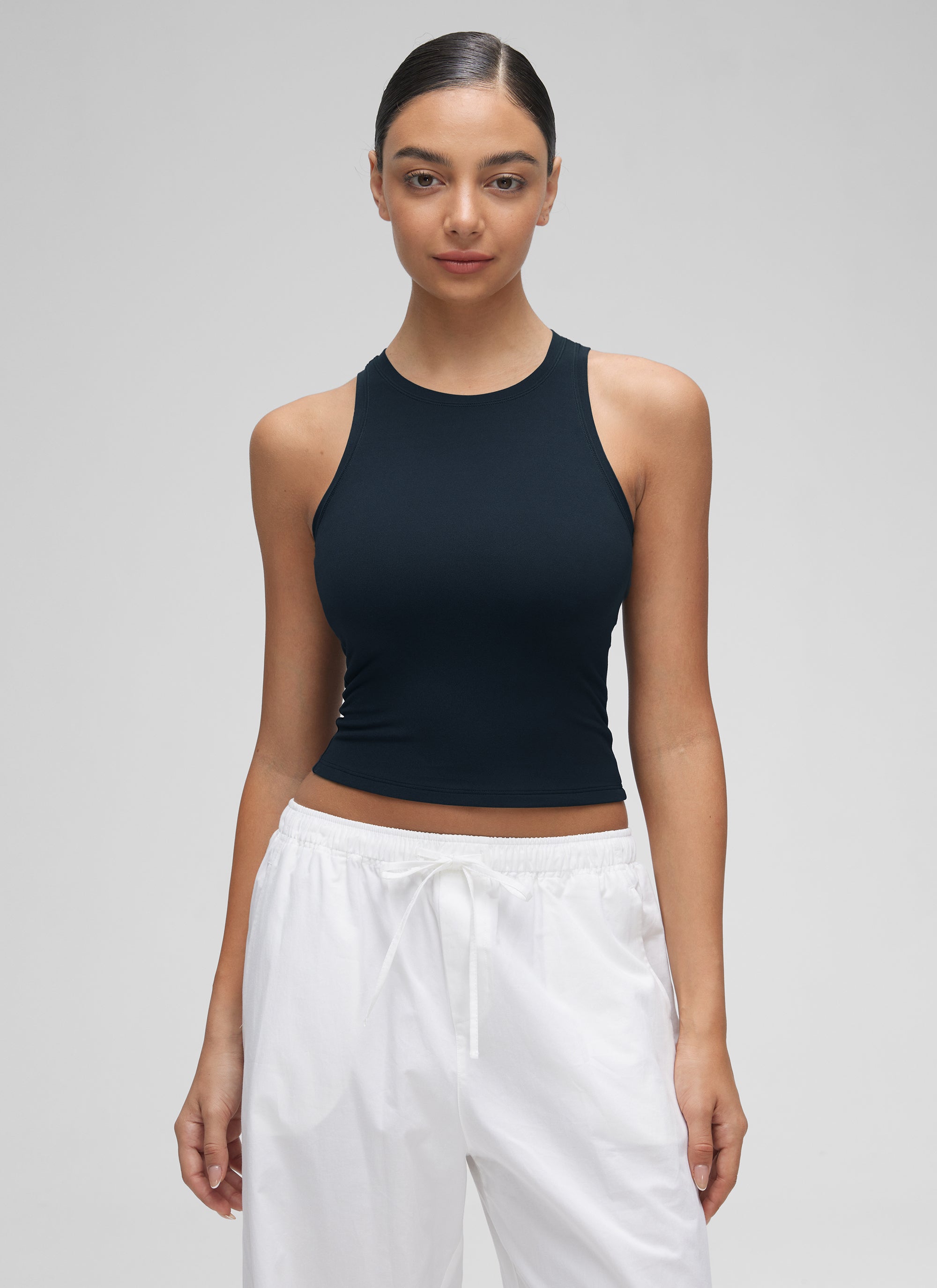CRZ YOGA Women High Neck Casual Double Lined Sleeveless Tanks True Navy