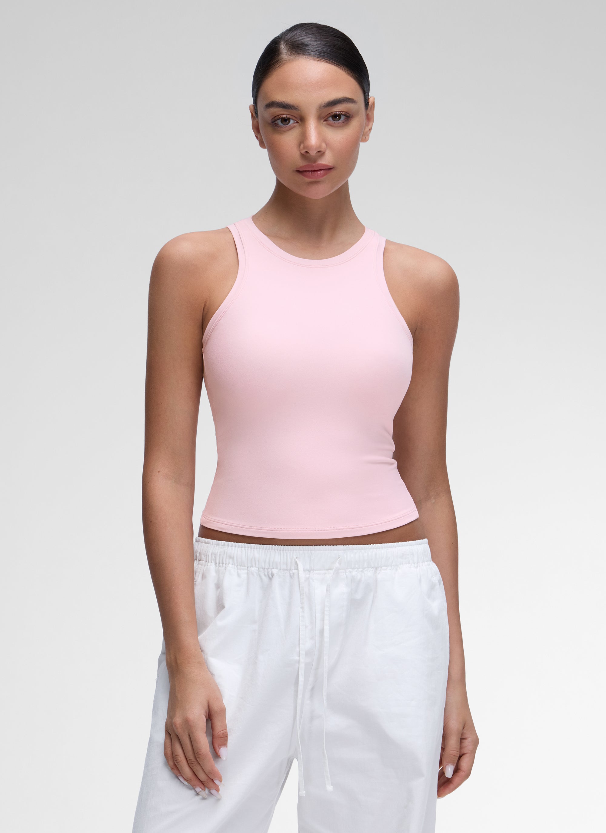 CRZ YOGA Women High Neck Casual Double Lined Sleeveless Tanks Strawberry Pink