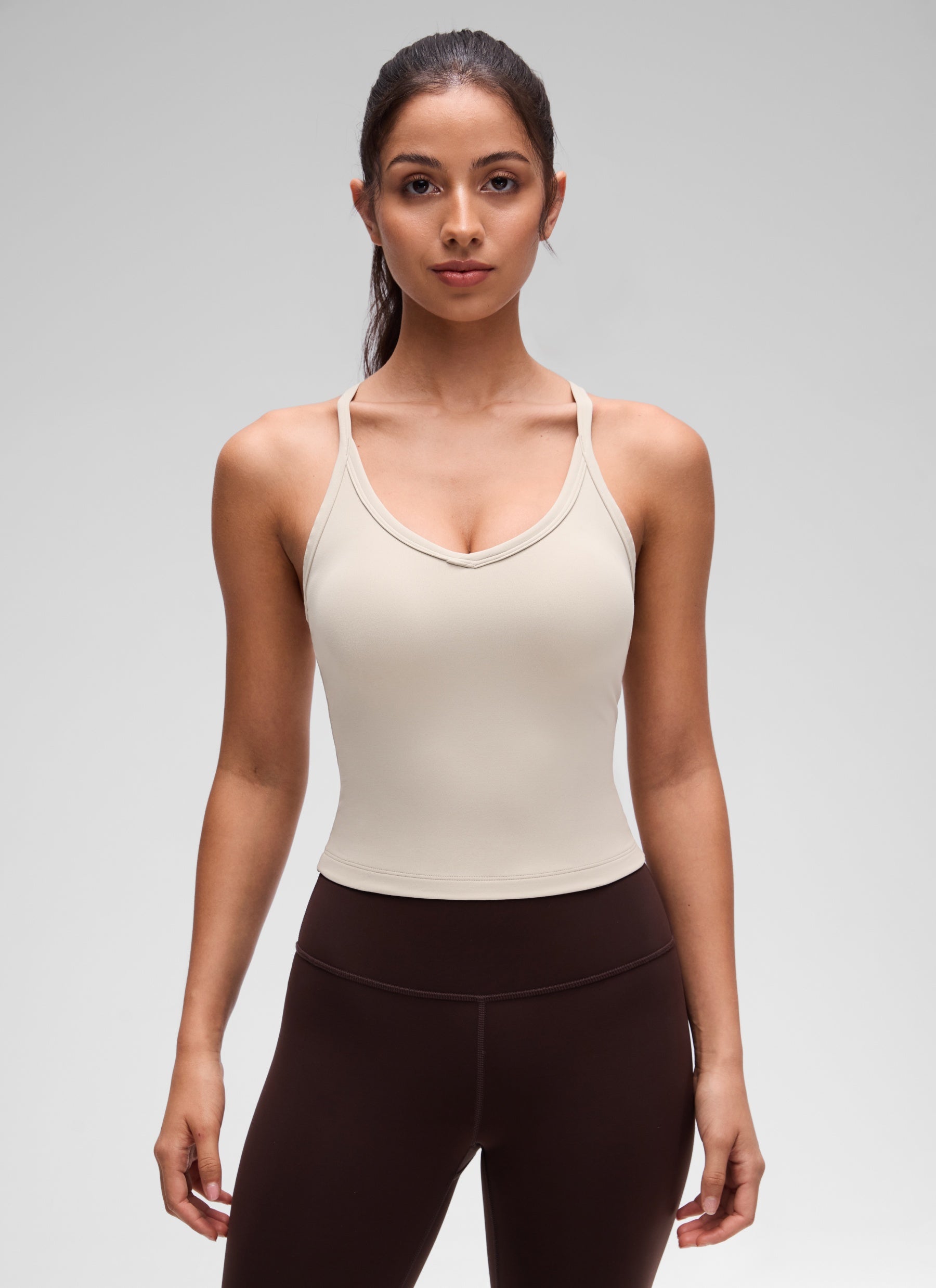 CRZ YOGA Women's Butterluxe Soft Double Lined V Neck Racerback Tanks Mojave Tan