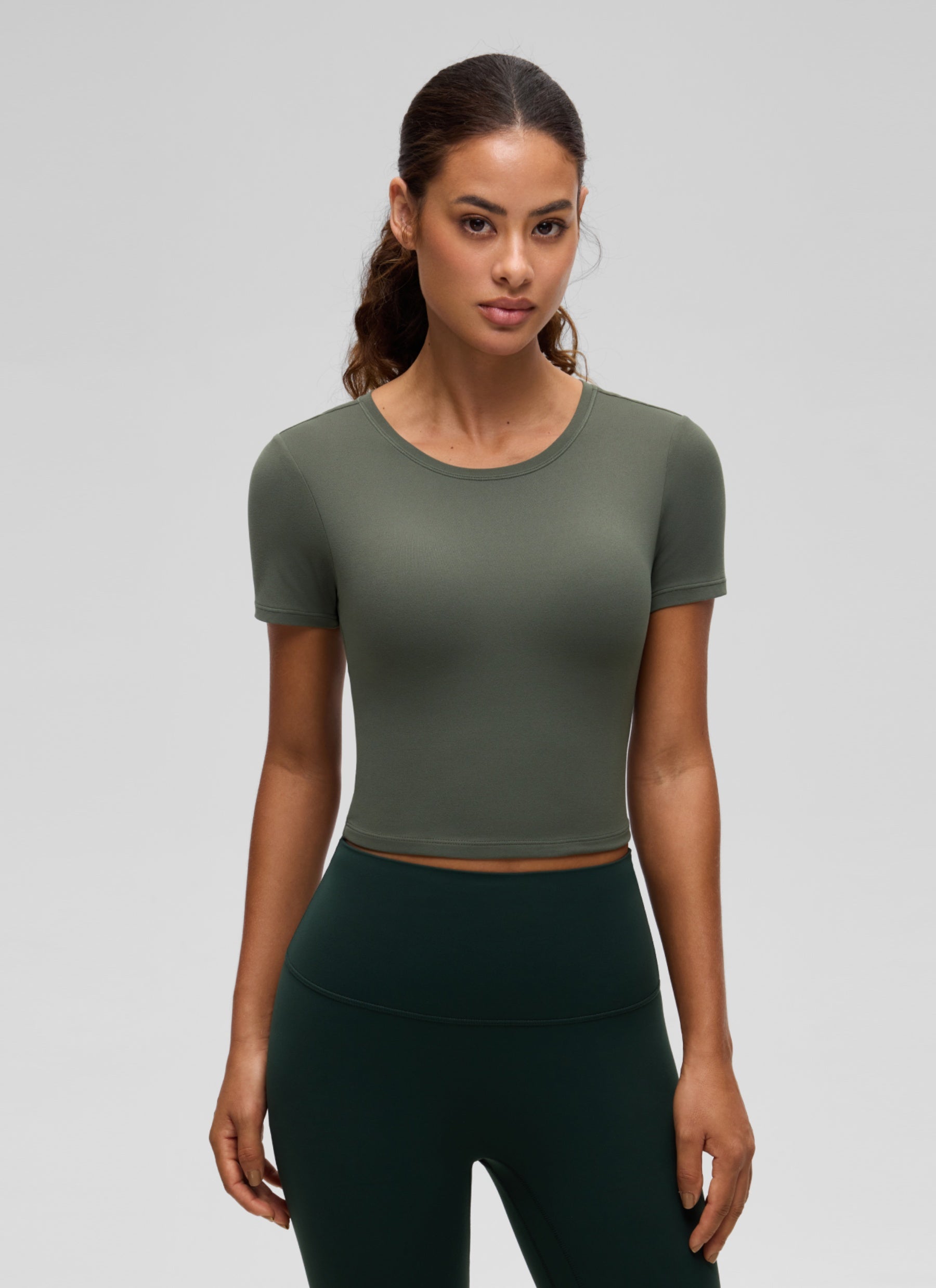 CRZ YOGA Women's Softembrace Casual Crewneck Crop Short Sleeve Light Army Green