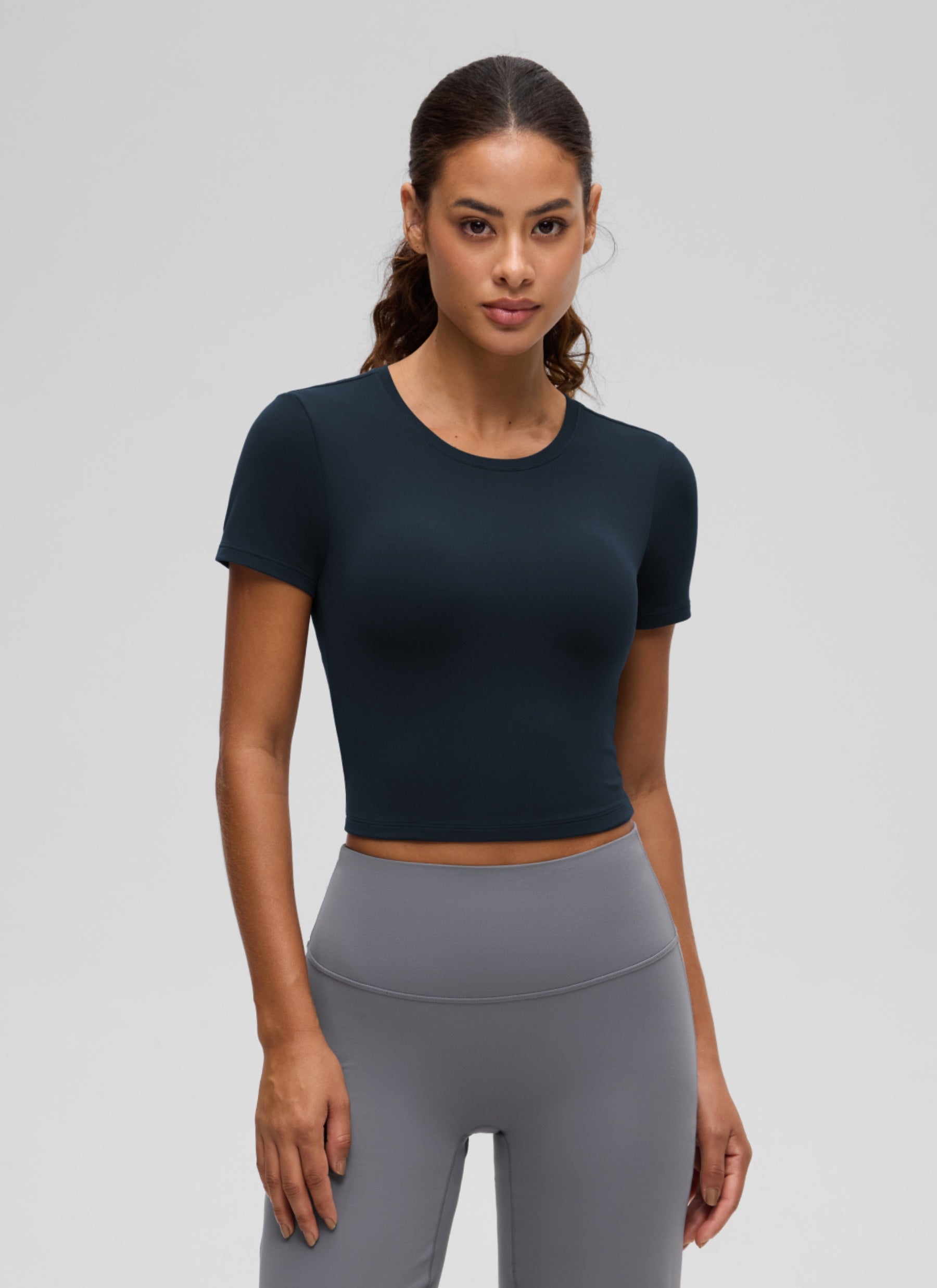 CRZ YOGA Women's Softembrace Casual Crewneck Crop Short Sleeve True Navy