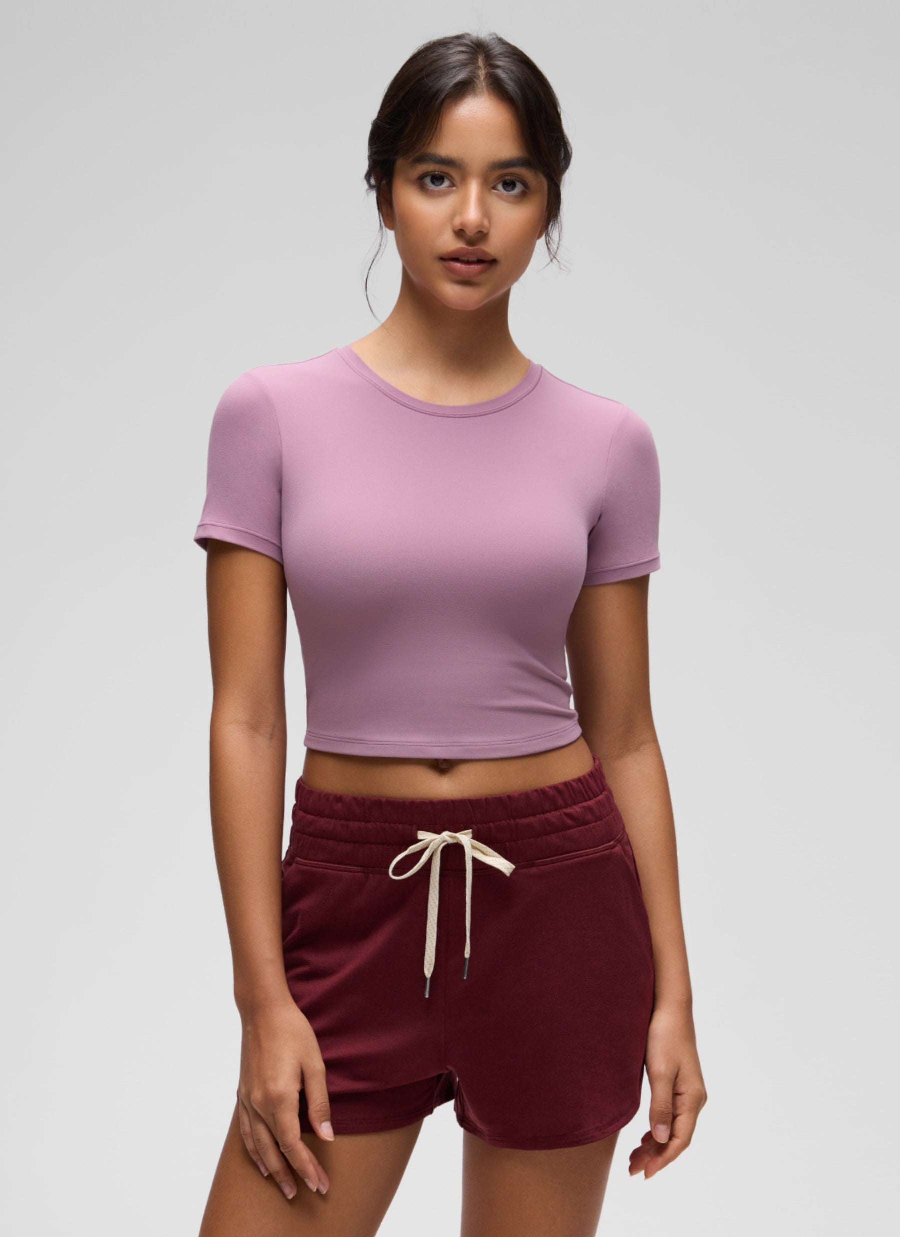 CRZ YOGA Women's Softembrace Casual Crewneck Crop Short Sleeve Light Lavender