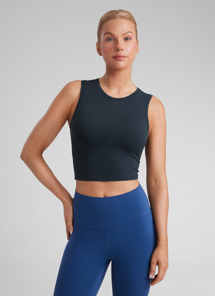 CRZ YOGA Women Crop Casual Double Lined High Neck Sleeveless Tanks White