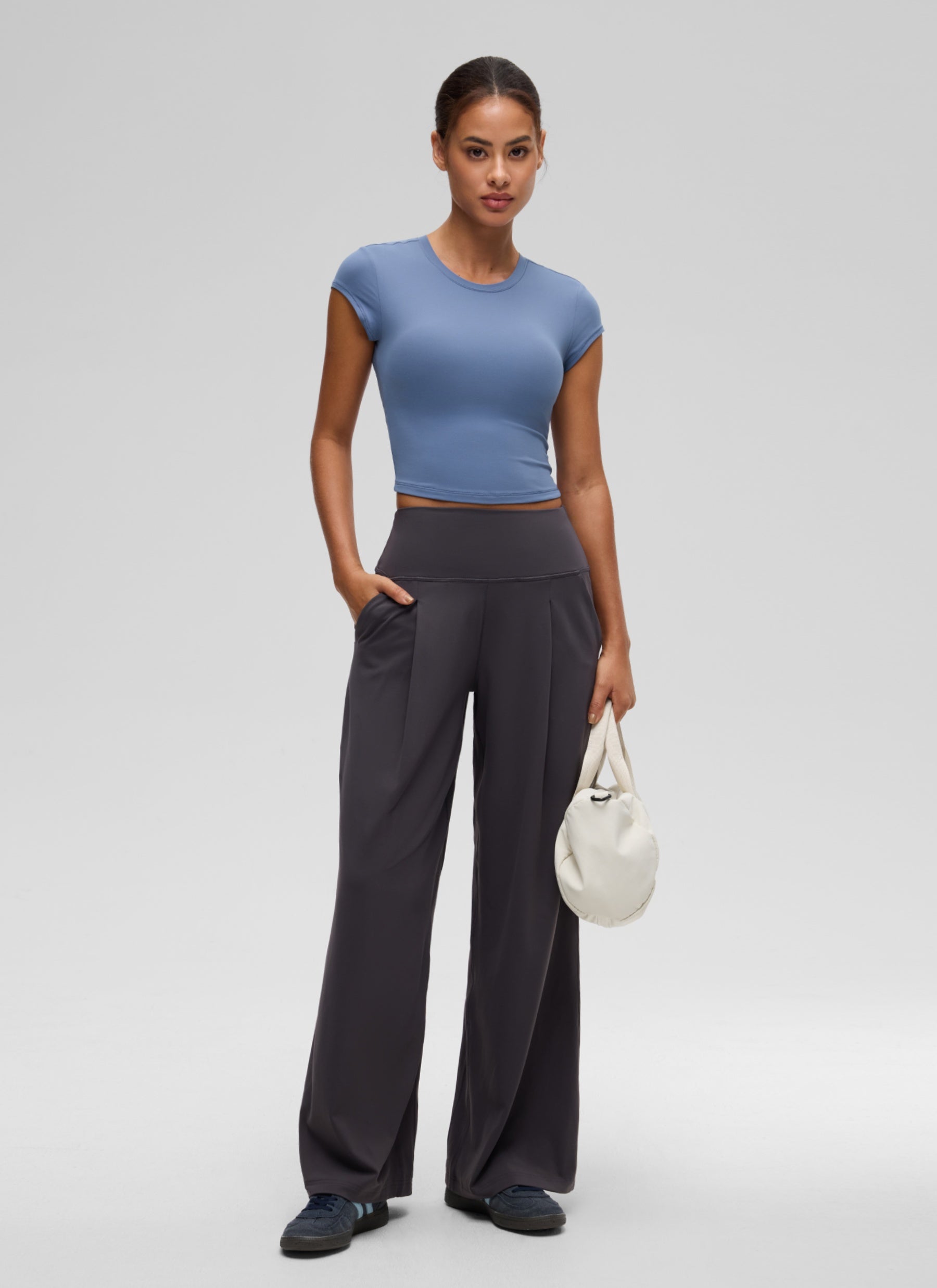 CRZ YOGA Women's Softembrace Casual Crop Double Lined Cap Sleeve Tops Oasis Blue